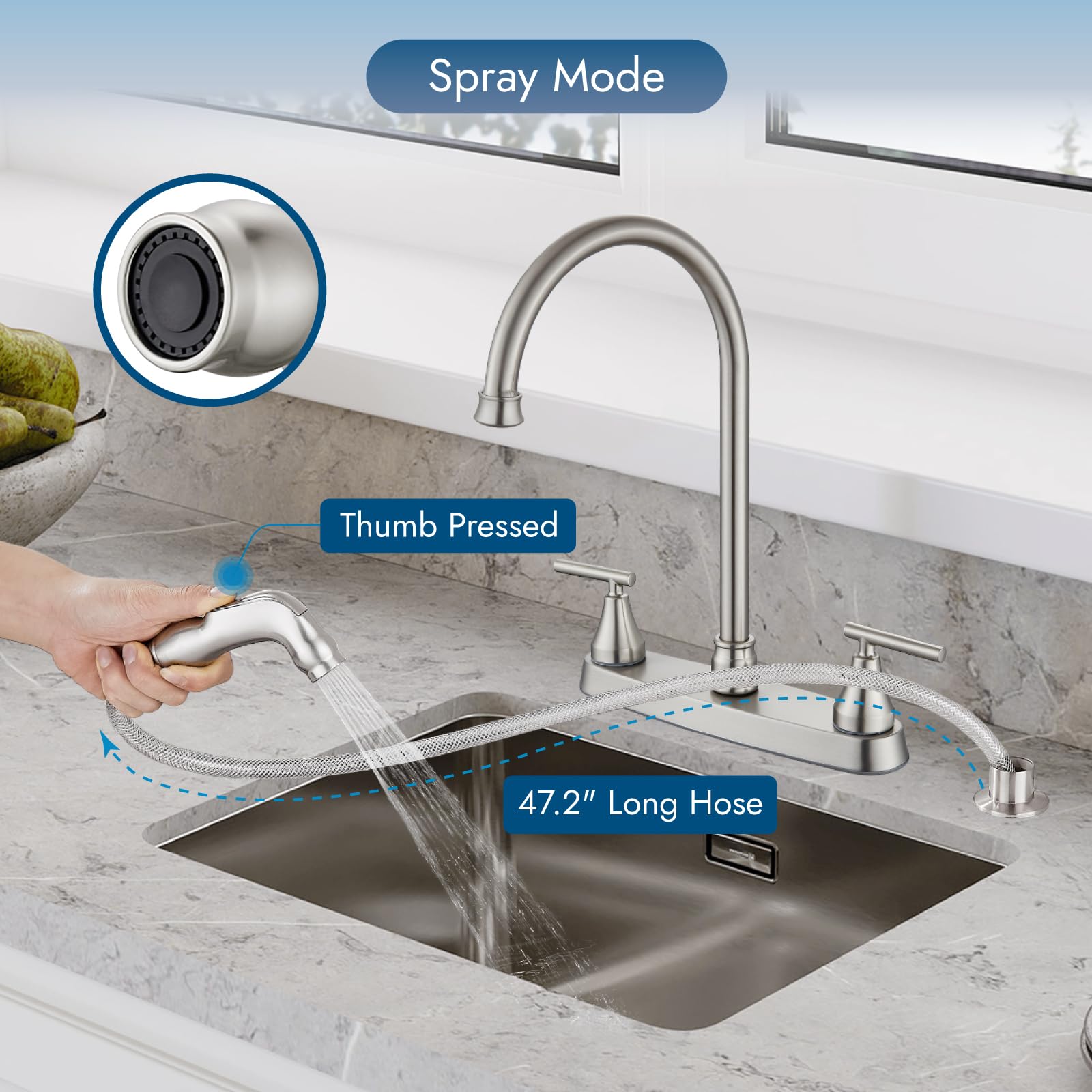 Cinwiny 2 Handle Kitchen Faucets Deck Mounted 3 Hole 8 Inch Rv Kitchen Sink Faucet High Arc 360° Rotating Spout Mixer Tap, Brushed Nickel, With Side Sprayer
