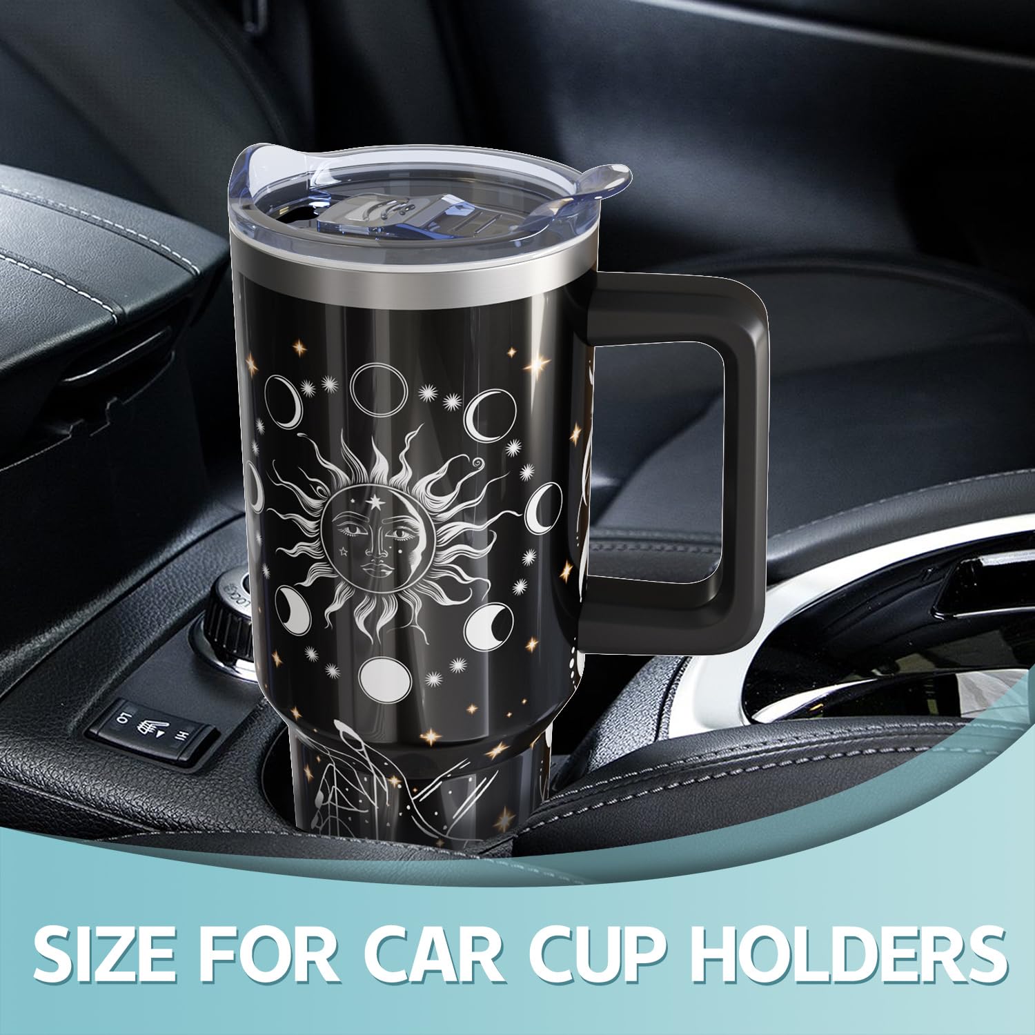 40 Oz Sun And Moon Tumbler With Handle And Straw,Stainless Steel Cup Extra Large Vacuum