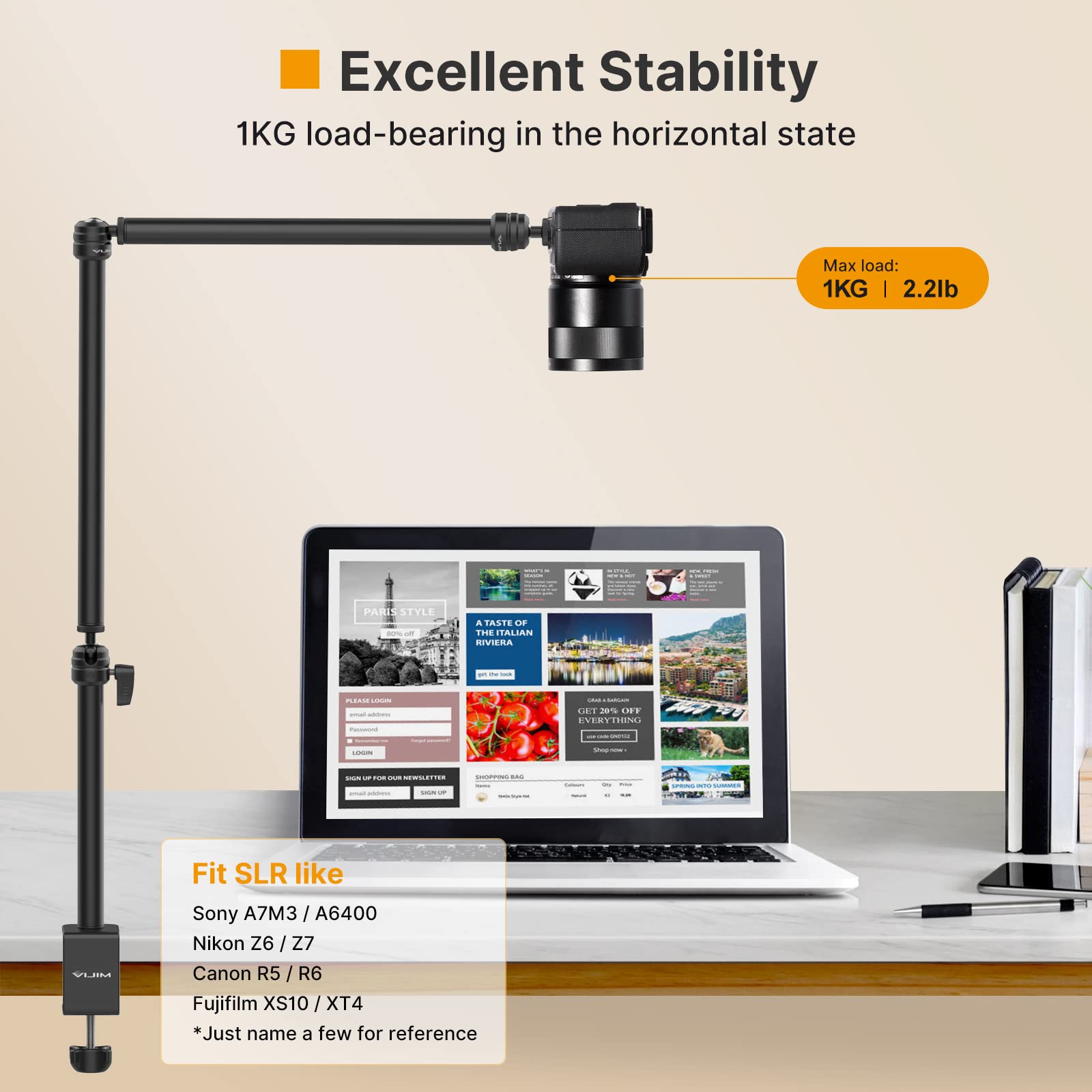 Pictron Vijim Ls08 Flexible Overhead Camera Mount Desk Stand, Webcam Stand Microphone Boom Arm Tabletop Photography Videography Live Stream Table Clamp Mount