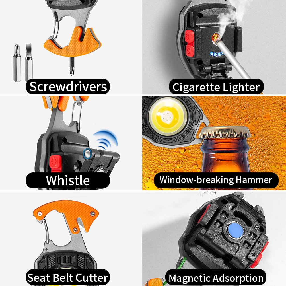 By-J Led Small Flashlight Multitool, Rechargeable Keychain Light, Cob Multi-Function Mini Work Light, 500 Lumens, 7 Lighting Modes With Electric Lighter, Seat Belt Cutter, Screwdriver, Whistle