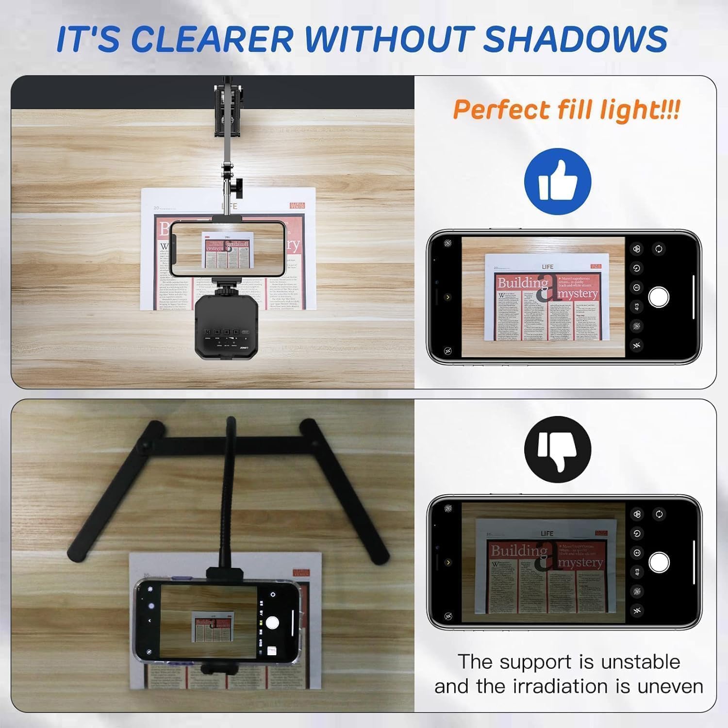 Ljinge Overhead Phone Mount, Articulating Arm Cell Phone Holder With Led Light, Flexible Phone Stand For Live Streaming, Video Recording, Painting Lighting, Cooking