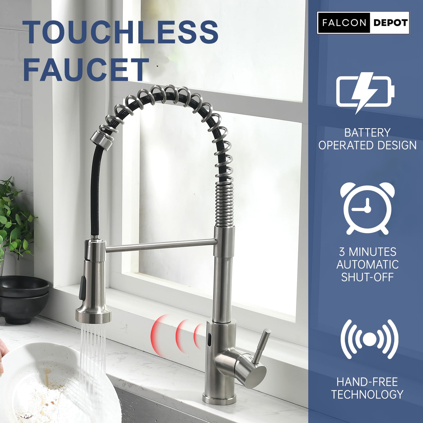 Falcon Depot Touchless Kitchen Faucet With Pull-Down Sprayer – Motion Sensor, Hands- Smart Activated Single-Hole Spring Faucet For Kitchen Sink – Brushed Nickel. 20" Inches Hight