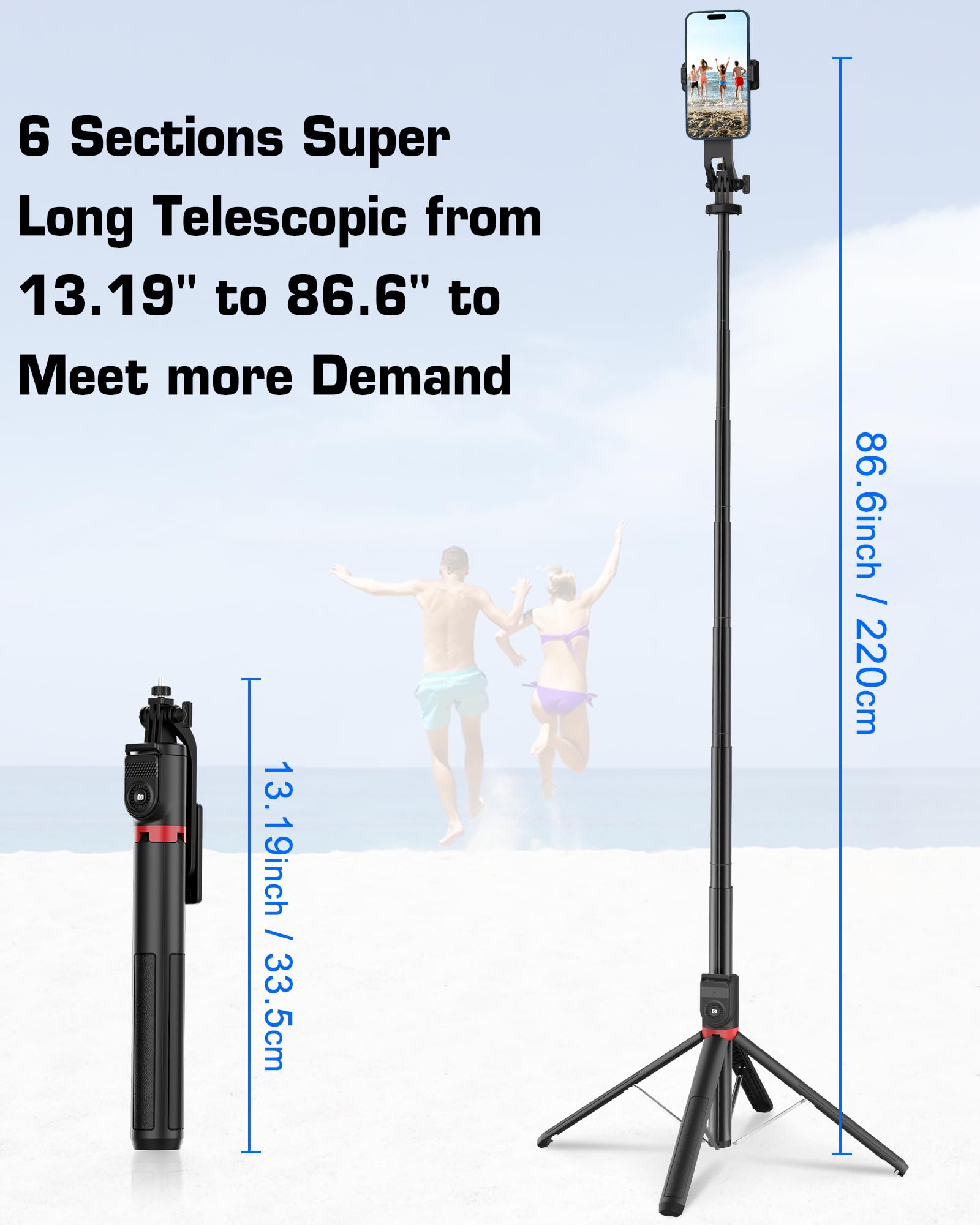 Fantcoo Iphone Selfie Stick Tripod With Bluetooth Remote, 86.6 Inches Retractable Phone Tripod Stand, Compatible With Iphone 14/13/12/11, Samsung, Cameras, Gopro And Other Smartphones