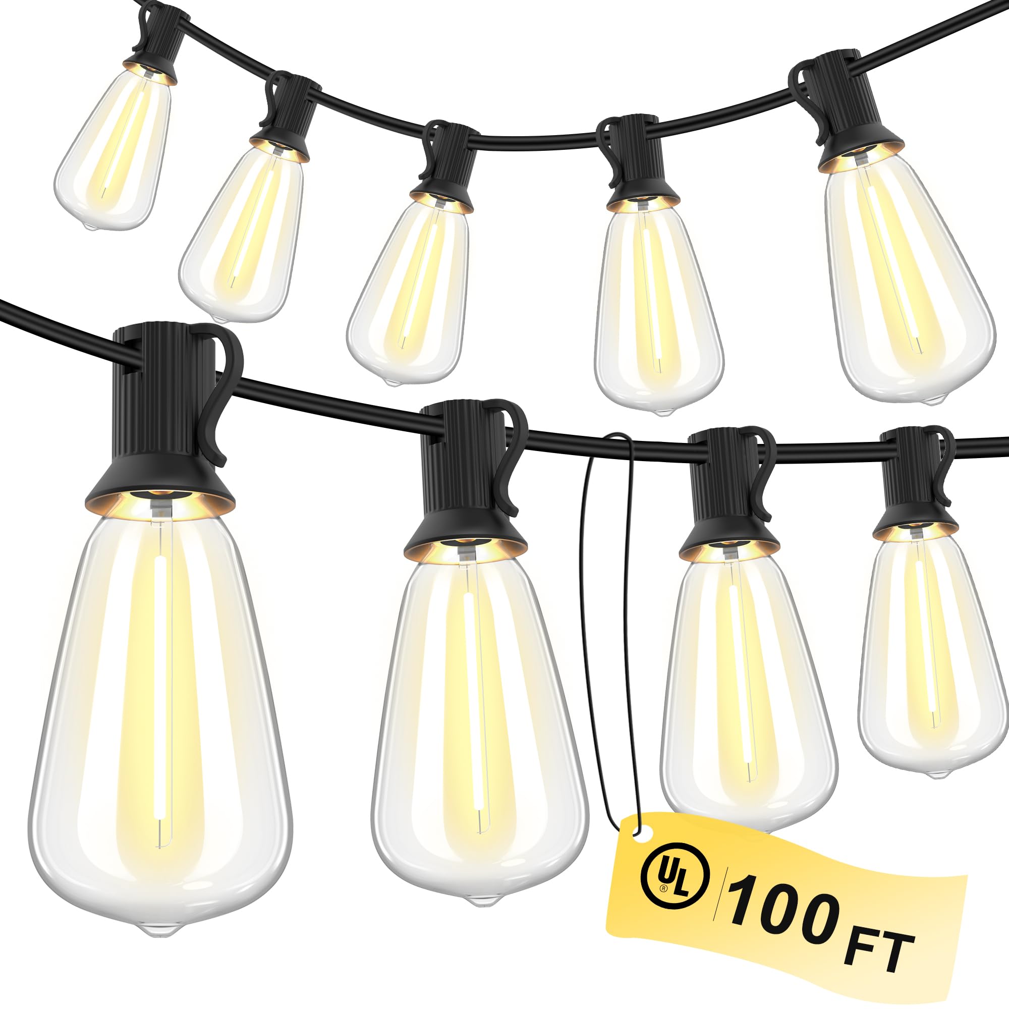 Aubverc Outdoor String Lights 100 Ft 52 Shatterproof Led Bulbs, Ul  Patio Lights Outdoor Light Strings Waterproof For Patio Yard Outside Party Wedding, Connectable Dimmable 50 Sockets 2700K