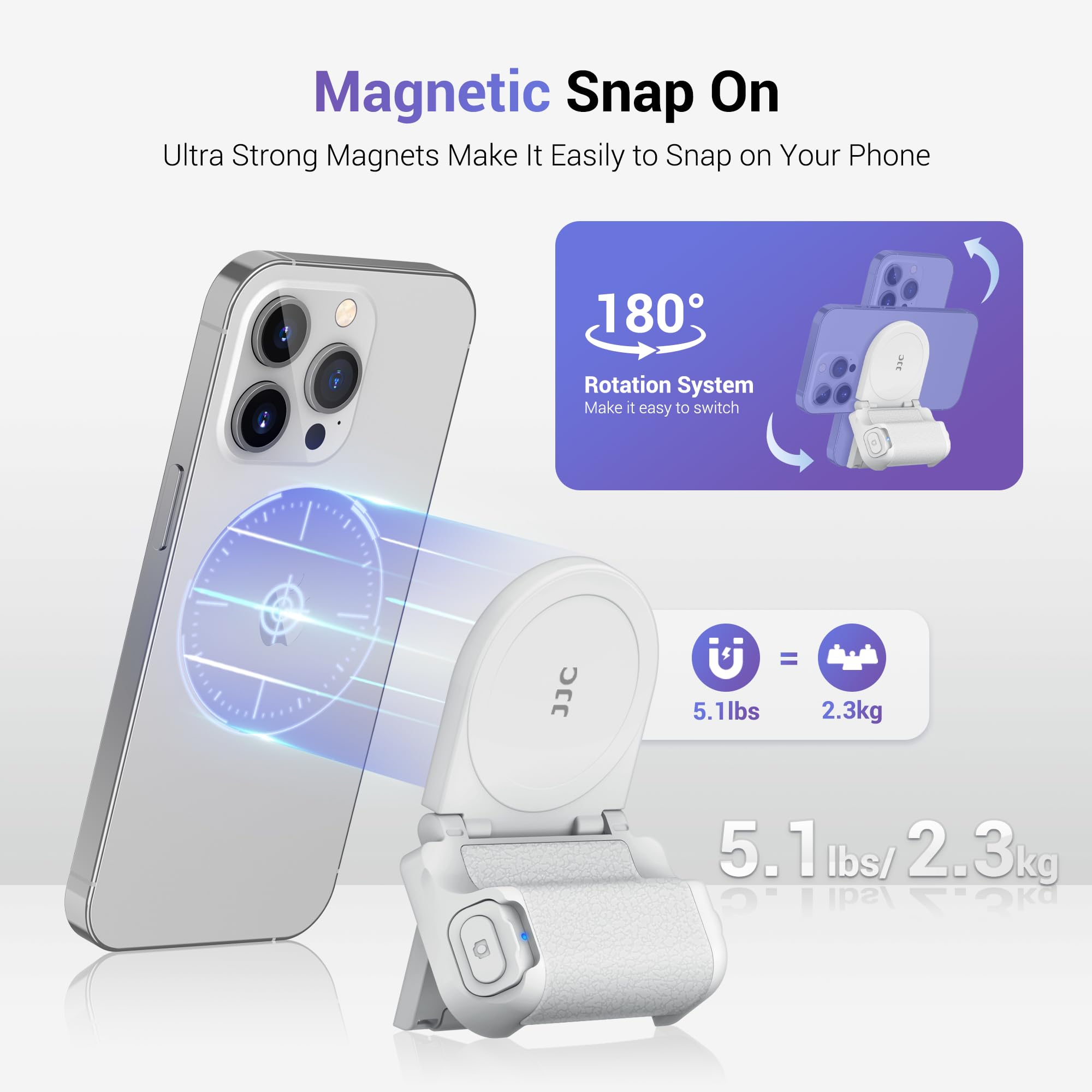Kiorafoto Magnetic Smartphone Shooting Holder Hand Grip Handle Snap On Phone Stand With Tripod Mount & Wireless Shutter Remote For Iphone 16 15 14 13 12 Pro Max Android Vlog Video Photography - White