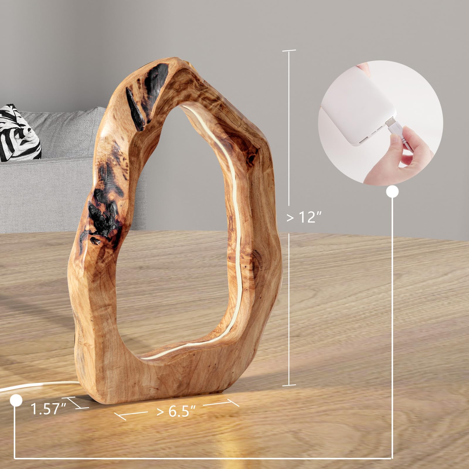 Laptain Led Wood Table Lamp, Irregular Bedside Lamp With Dimmable, Creative Home Decor Table Lamp, Bedside Night Light For Bedroom, Living Room, Small