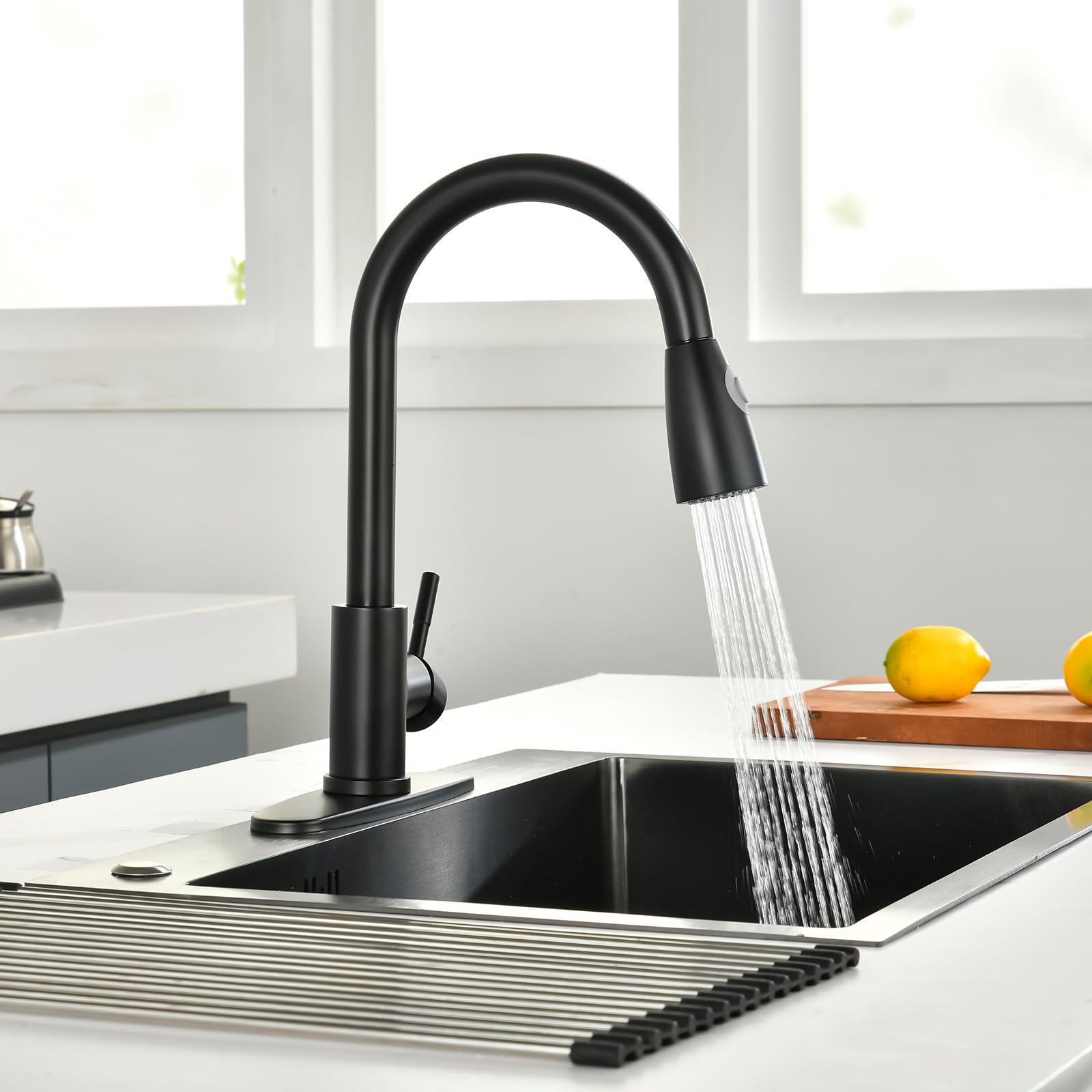 Nohalipy High Arc Matte Black Kitchen Faucet,Black Stainless Steel Kitchen Faucets,Pull Down Sprayer Faucet For Kitchen Sink,Single Handle Commercial Kitchen Faucet For Sink 1/3 Hole With Deck Plate