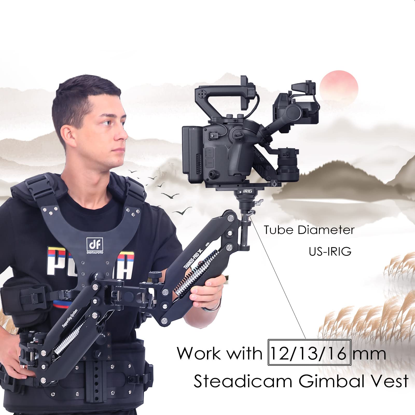 Difesuro Df Digitalfoto Irig Thanos Stabilizing Arm Adapter,Steadycam Gimbal Vest Rotatable Ball Head With Quick Release Plate Compatible With Dji Ronin 4D/Rs2/Rsc2,Crane 3S Etc Connect 12/13/16Mm Tube Vest