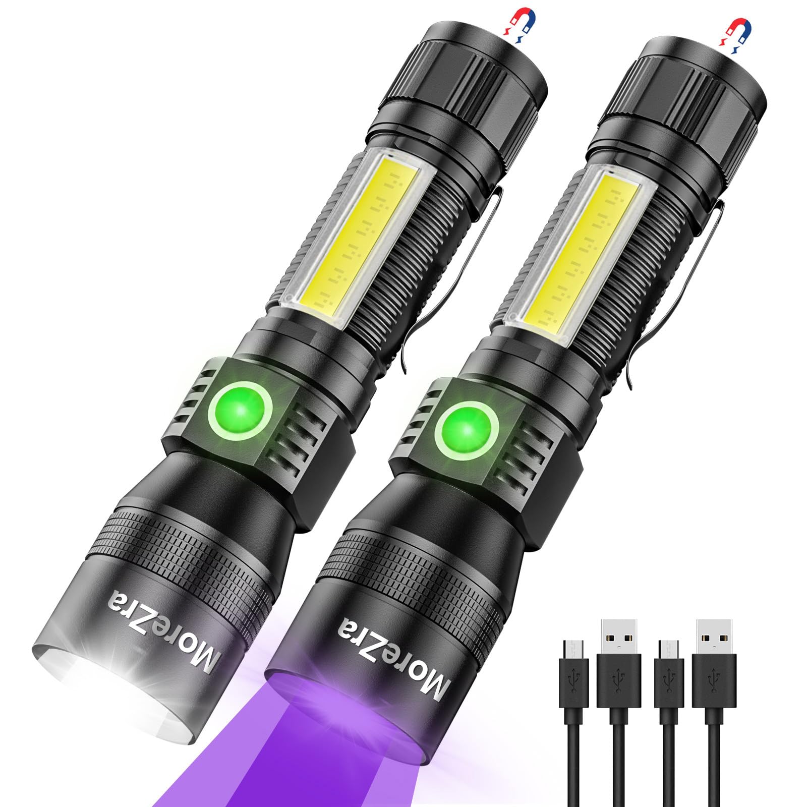 Morezra Uv Flashlight Black Light, 2 Pack 3 In 1 Super Bright Small Rechargeable Flashlights 1200 High Lumens, 7 Modes, Waterproof Magnetic Led Pocket Flash Light For Pet Urine Detection
