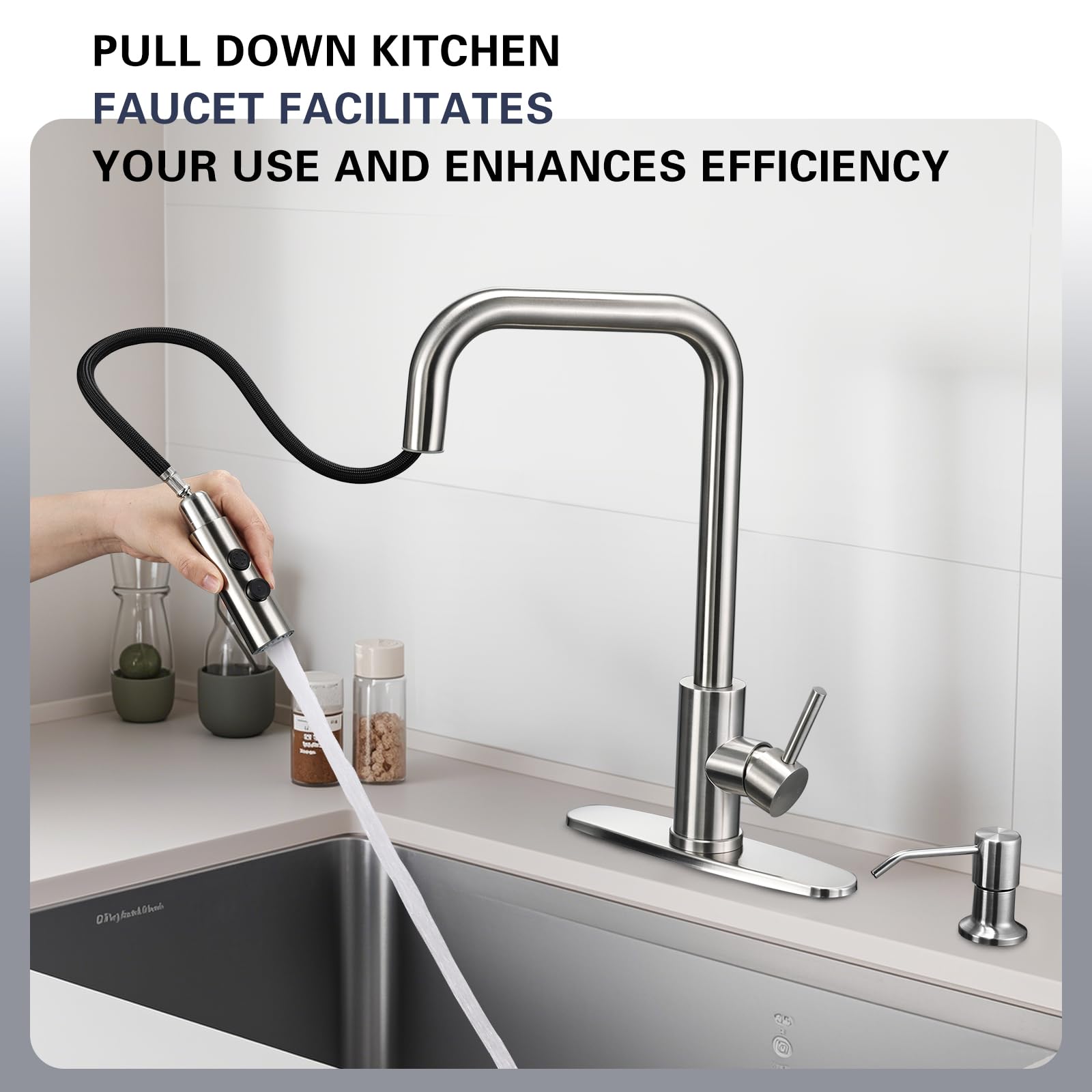 Peppermint Kitchen Faucet With Pull Down Sprayer And Soap Dispenser, Stainless Steel Brushed Nickel Low Pull Out Faucets For Kitchen Sink Soap Dispenser