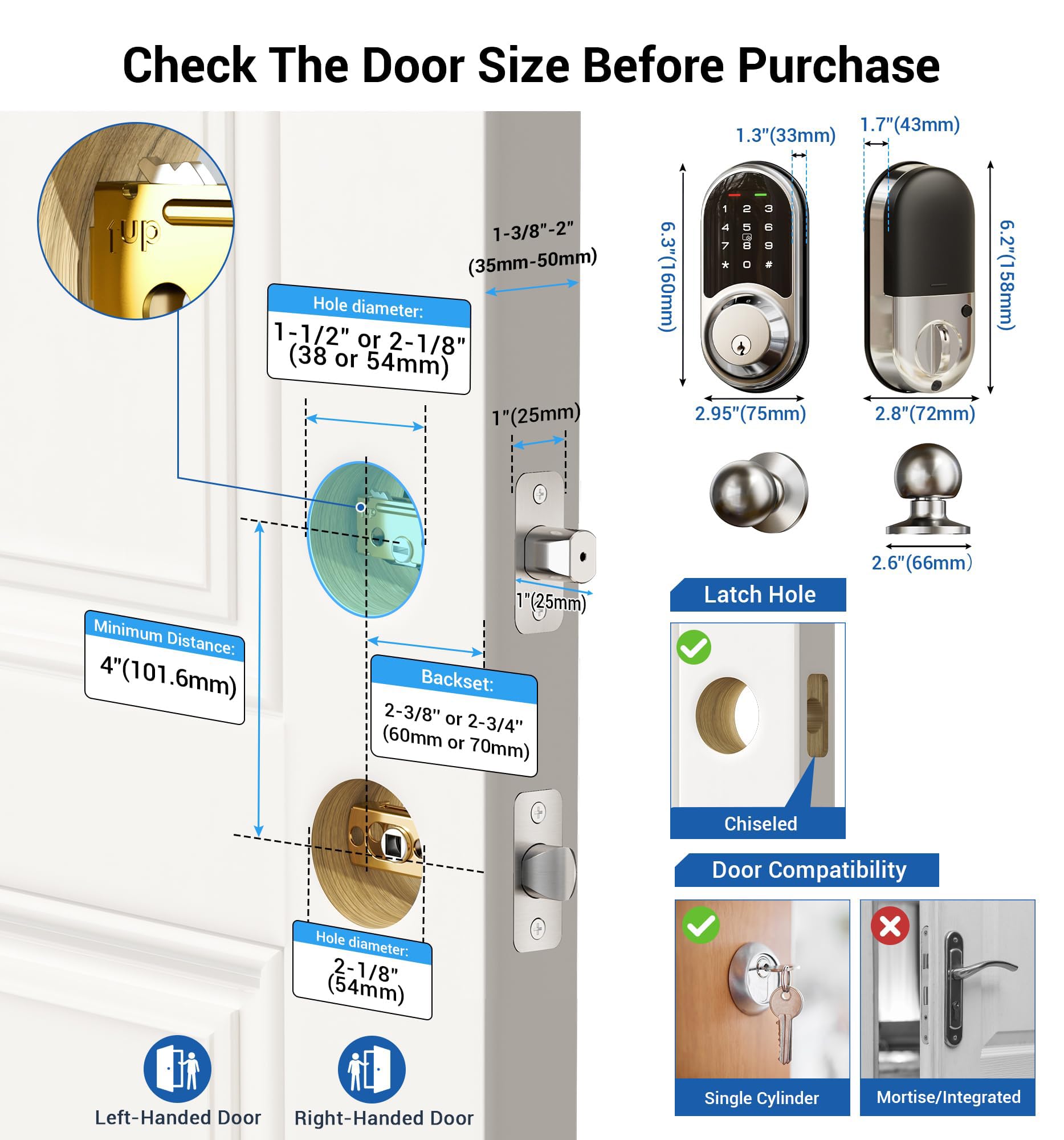 Veise Rz06C Smart Locks For Front Door, 2 Knob Handle Set, Keyless Entry Deadbolt, App Control, Electronic Touchscreen Digital Keypad, Auto Lock, Easy Installation, Ip54 Waterproof, Satin Nickel