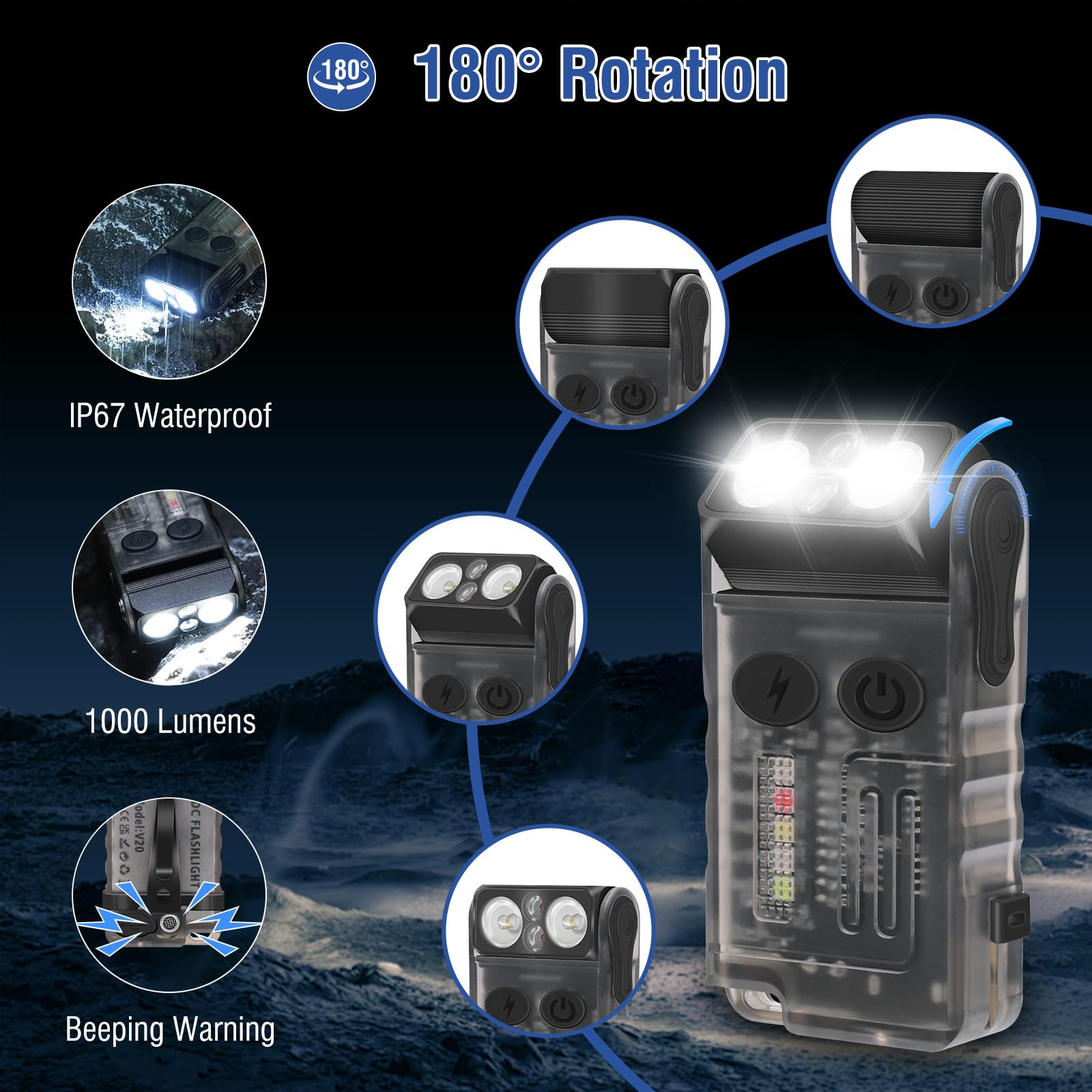 Ngokpyd V20 Mini Magnetic Clip Edc Flashlight 1000 Lumens Keychain Small Flashlight 180° Rotation With White Red Blue Green Light Beeping,Ip67 Waterproof 2000 Mah Battery Pocket Flashlights (Black)