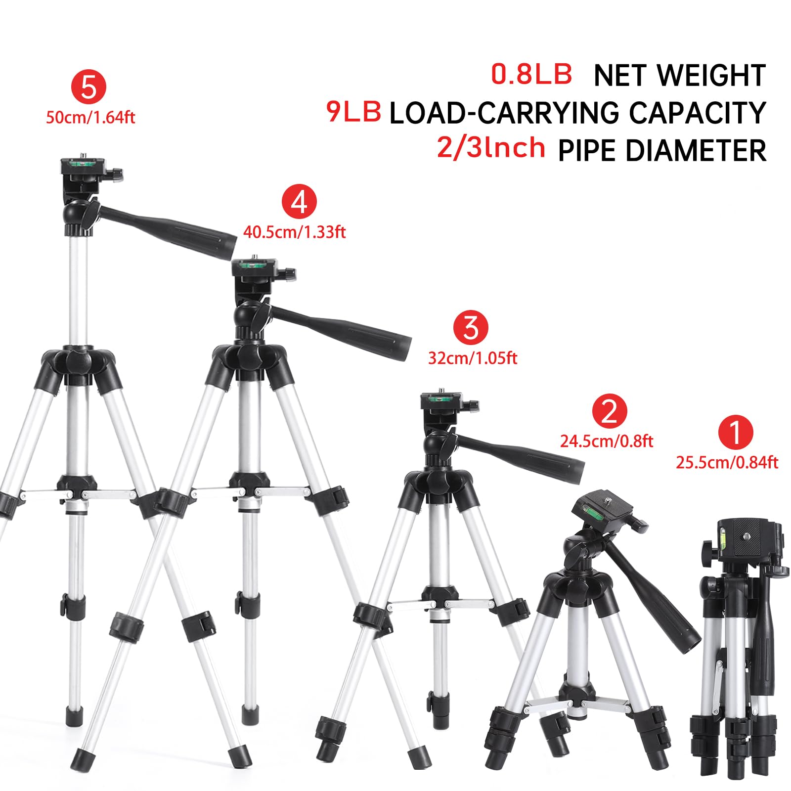 Mutoop 19.7" Lightweight Aluminum Tripod For Laser Level & Camera – Adjustable Mini Tripod With 3-Way Pan Head, Bubble Level, Quick Release Plate & Carry Bag - 1/4"-20 Mount, 9Lb Capacity