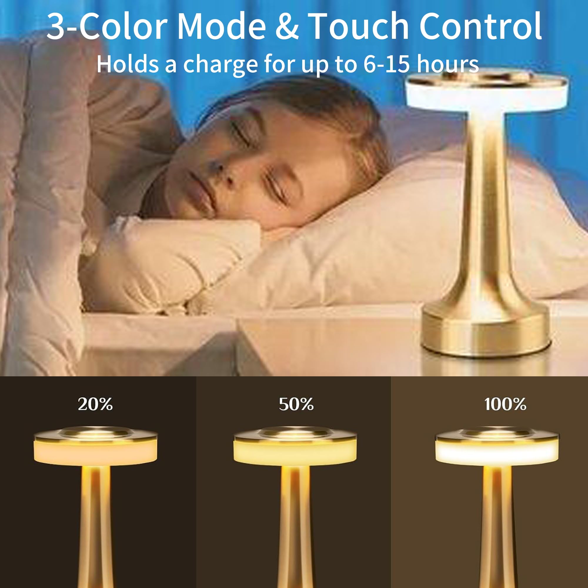 Oukens Portable Led Table Lamp,Retro Touch Lamps, Control 3 Levels Color Temperature Rechargeable Table Night Lamp, Nightstand Lamp Bedside Lamp For Hotel (Silvery)