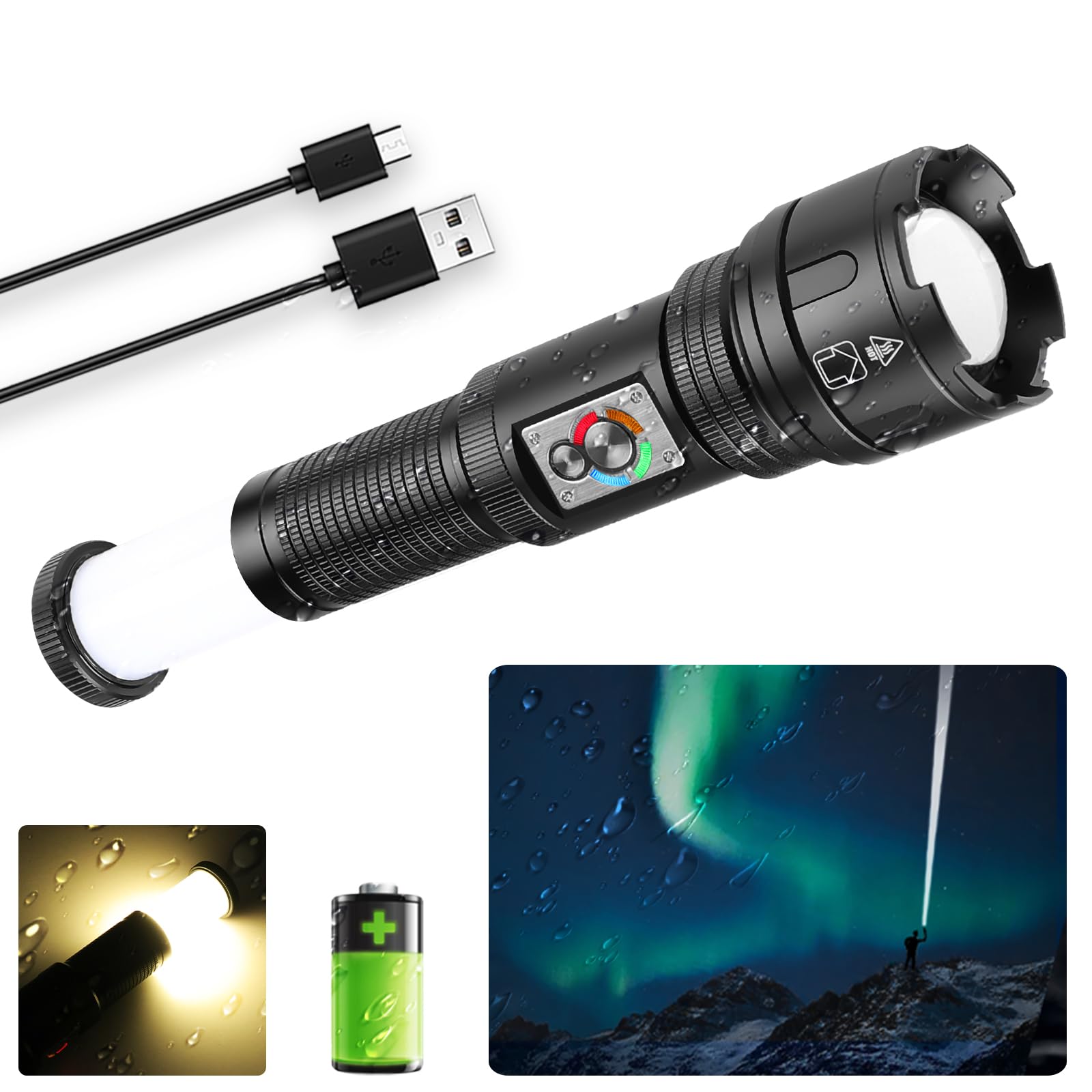 Bufccy Rechargeable Flashlights High Lumens, Waterproof Led Tactical Handheld Flashlight 990000 Lumens Super Bright Flash Light With Cob Camping Flashlights For Home, Hiking, Fishing, Emergencies