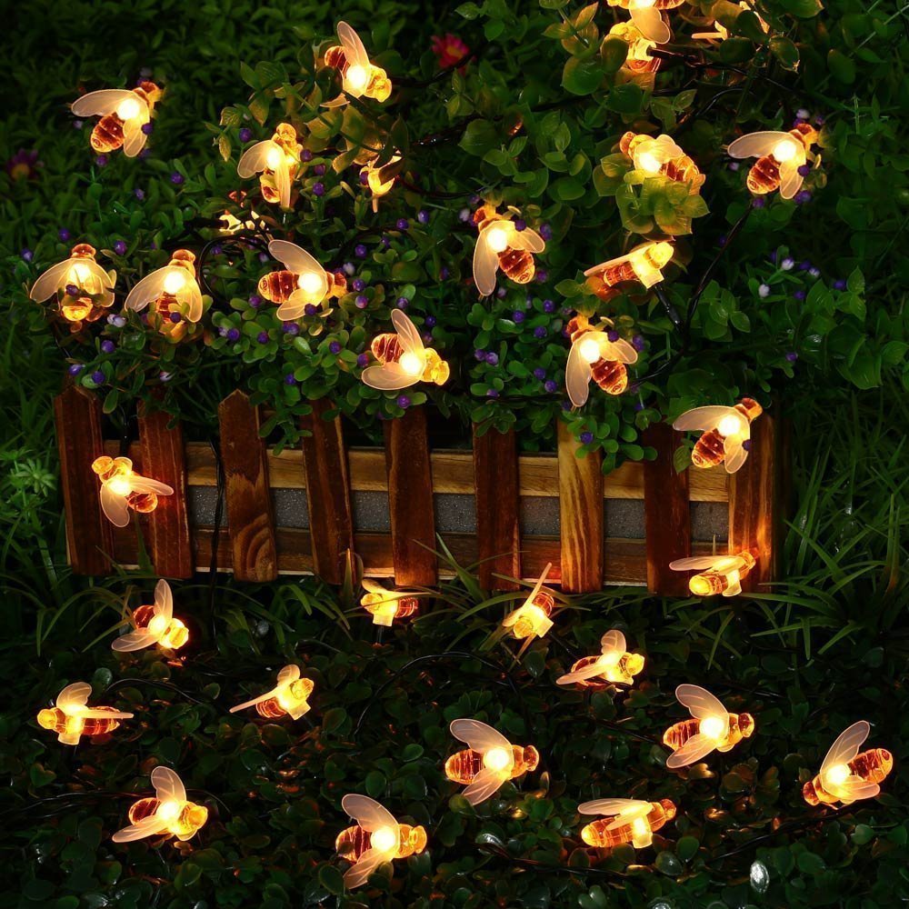 Dinowin Honey Bees Lights, Bee String Lights Solar Power Honeybee Fairy String Lights Waterproof 30 Led For Outdoor Garden Summer Party Wedding Xmas Decoration (Warm White)