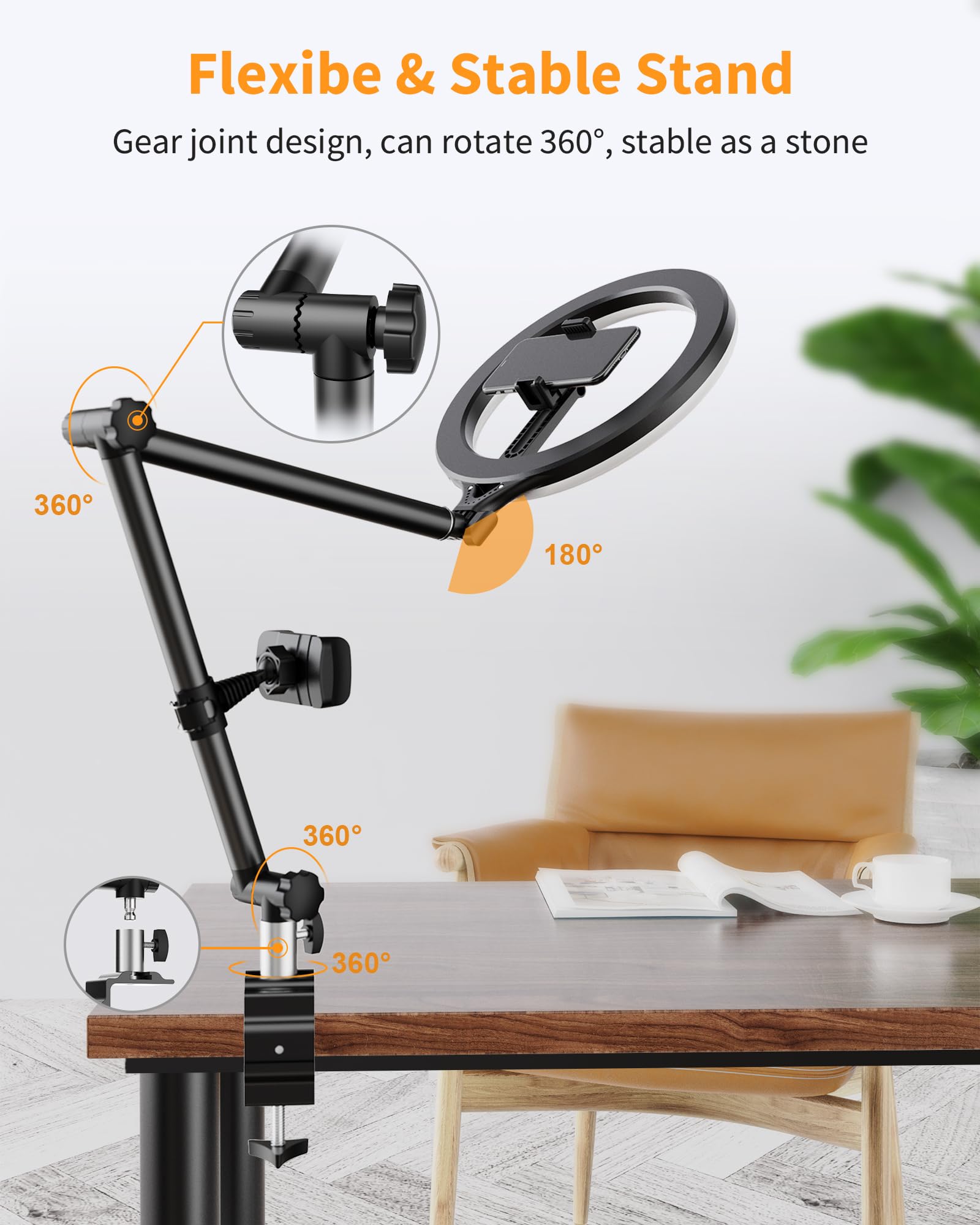 Luoled Ring Light With Stand And Phone Holder, Usb 10" Ring Light For Desk, Overhead Camera Mount With Ringlight, Desk Lamp With Clamp For Photography/Makeup/Live Streamvideo/Youtube