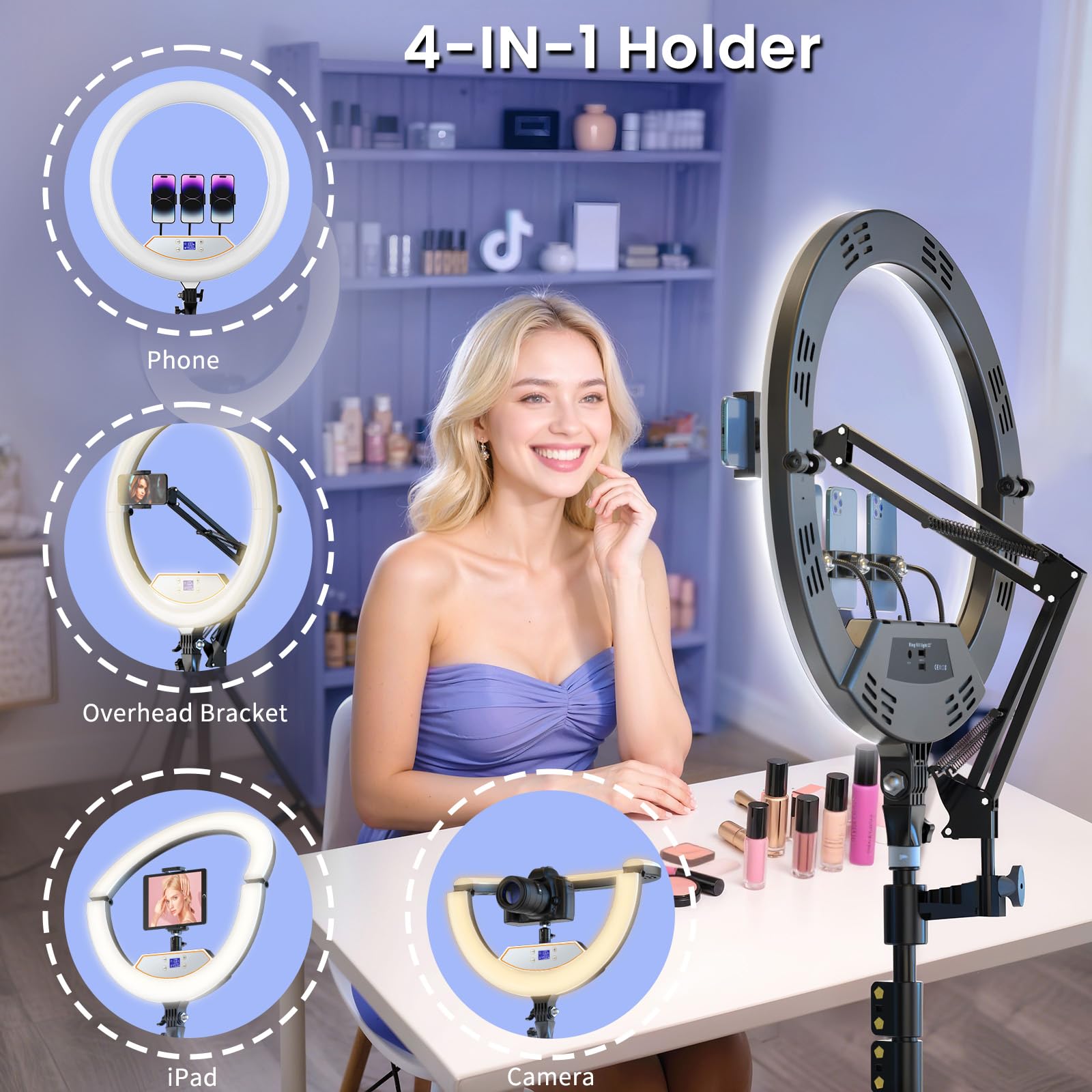 Mactrem 22" Foldable Large Ring Light With Stand For Iphone Ipad,75" Tripod With Overhead Shooting Bracket 50W 6500K 4 Clips/Lcd Display/2 Usb Portstattoo Barber Makeup Studio Video Photography Lighting