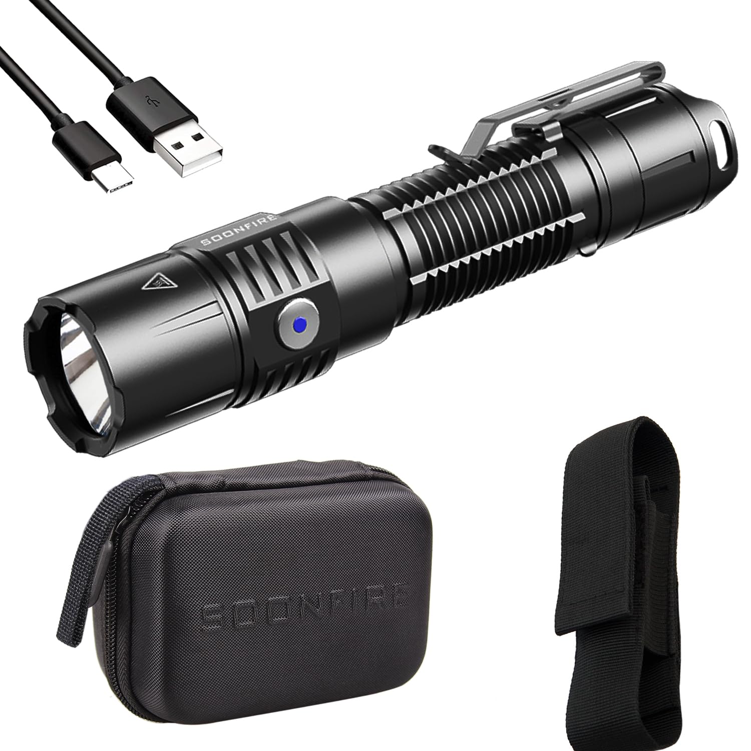 Soonfire Mx75 2530 Lumen Led Tactical Flashlight Law Enforcement, 390 Yards Beam Distance Usb-C Rechargeable Pocket Flashlight With Battery