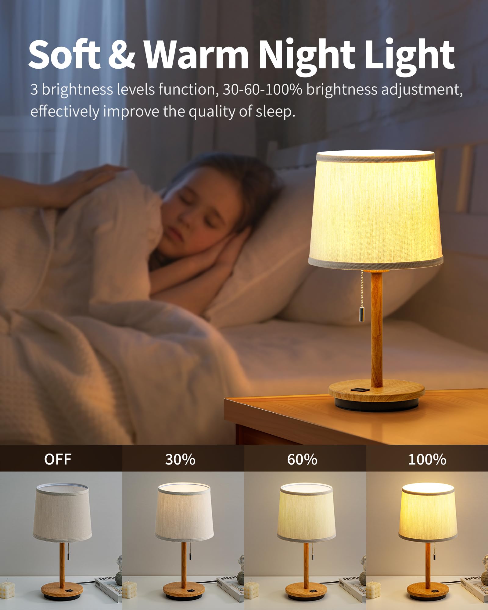 Visdanfo Modern Table Lamp For Bedroom Set Of 2, Desk Lamp With Usb Port, Fabric Shade 3 Brightness Levels Nightstand Lamps For Living Room, Bedside, Study Room, Dorm, Led Bulb Included (Flaxen)