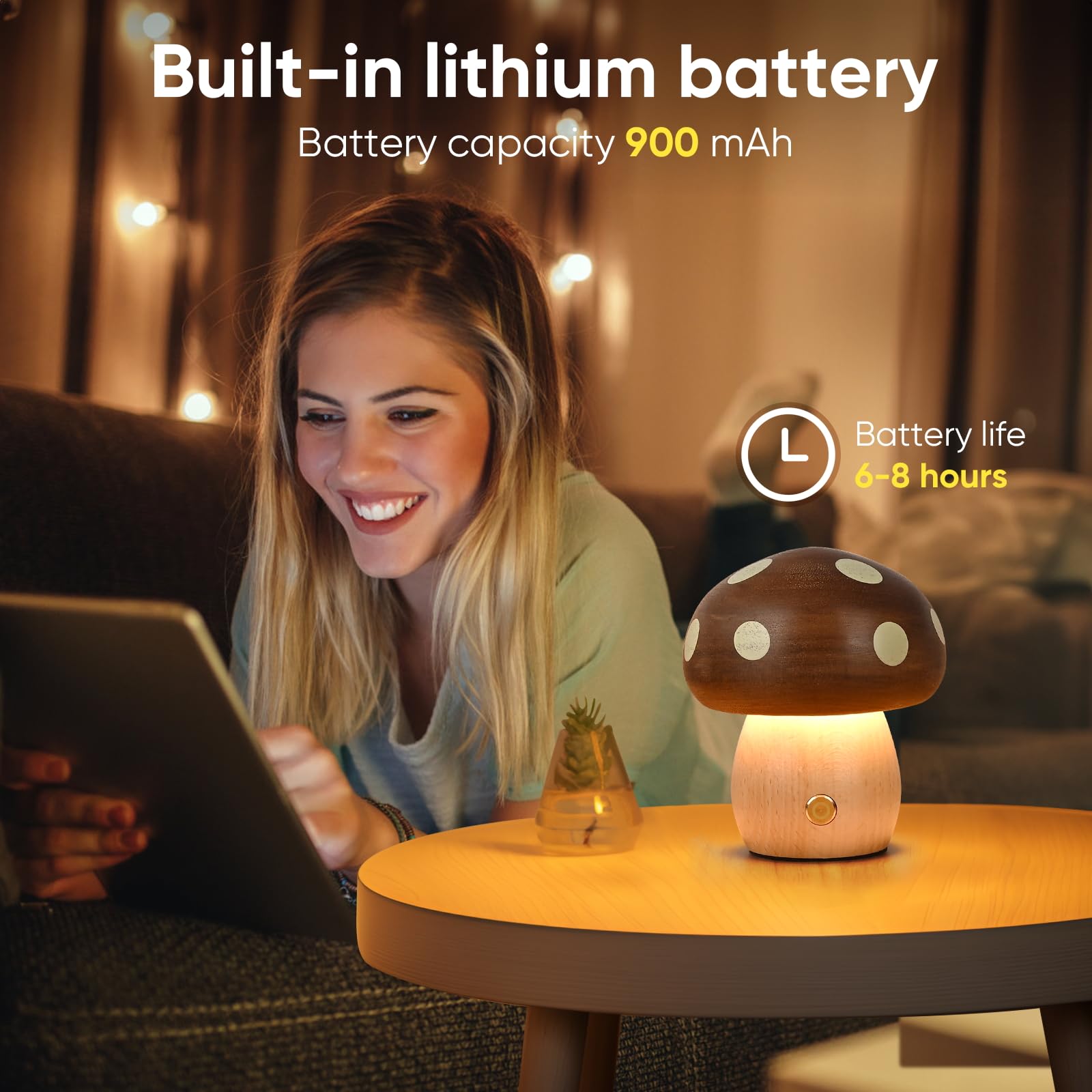 Moroommt Wood Small Mushroom Table Lamp, Rechargeable Bedside Lamps, Touch Lamps For Nightstand Night Light, Portable Battery Lights For Bedroom Nightstand Kids Birthday
