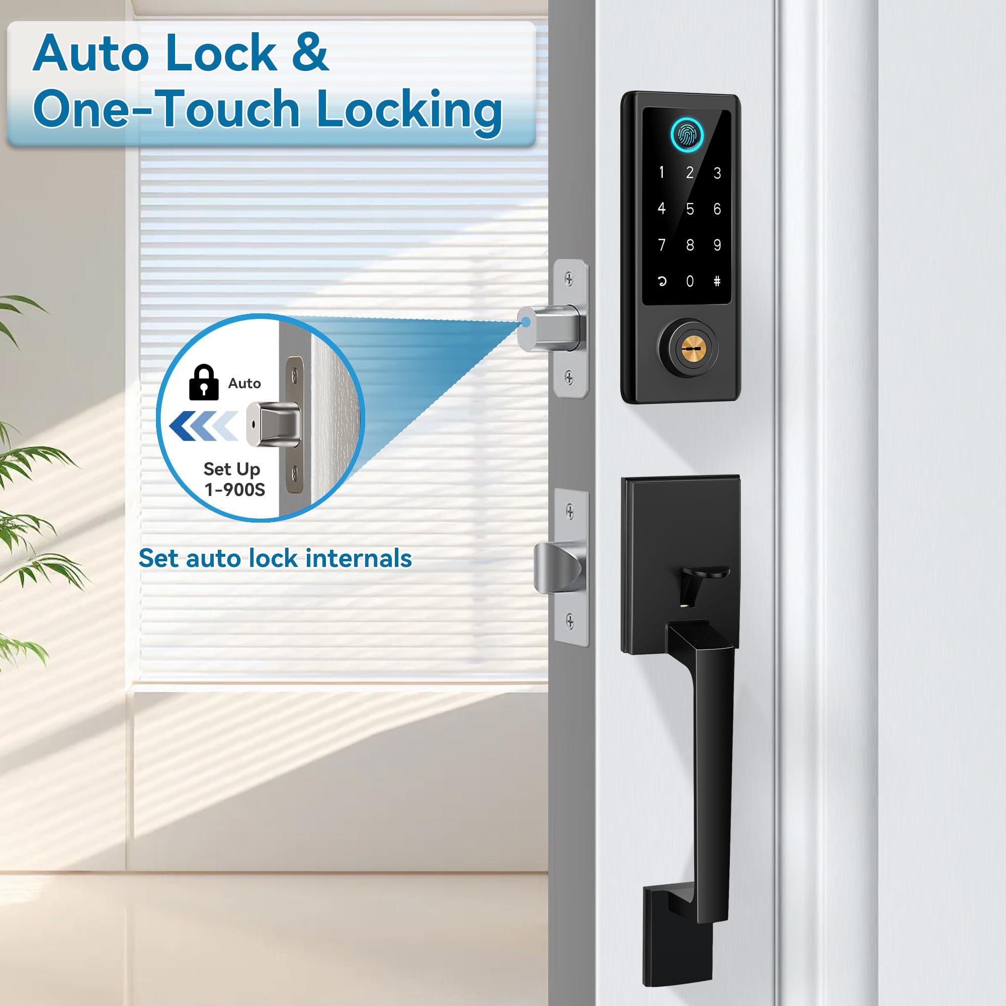 Bebasia Fingerprint Door Lock With Handle Sets, Keyless Entry Door Lock, Bluetooth Front Handle Set, Smart Deadbolt, Electronic Keypad Digital Lock With Handle, Black