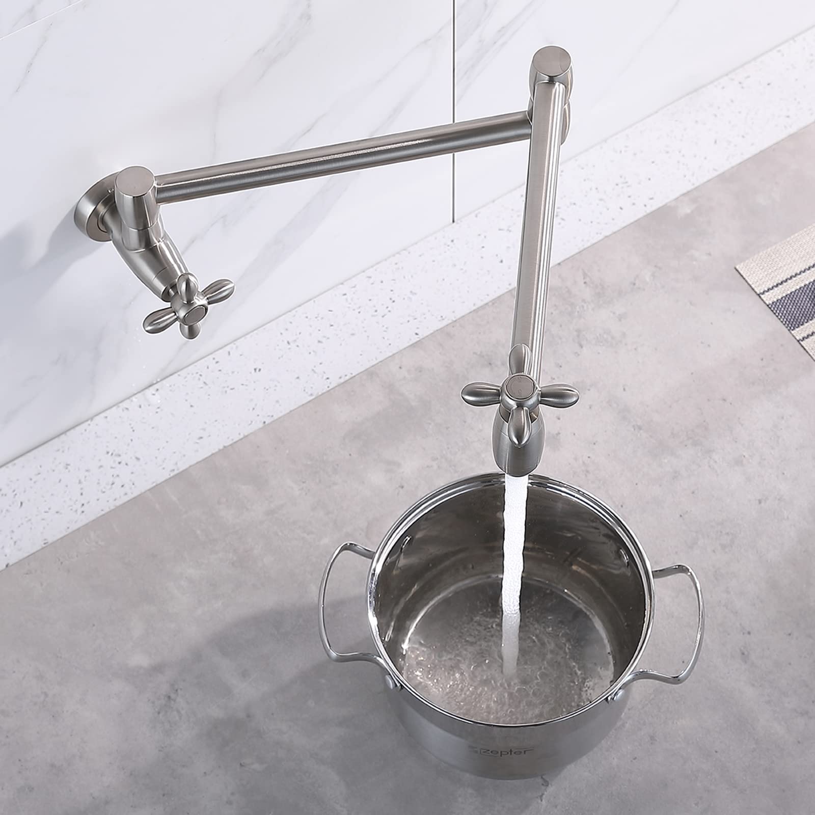Kruzoo Pot Filler Brushed Nickel Kitchen Faucet Solid Brass Folding Wall Mount Stretchable Double Joint Swing Arm Single Hole 2 Handles Extending Arm，Pf02Bn