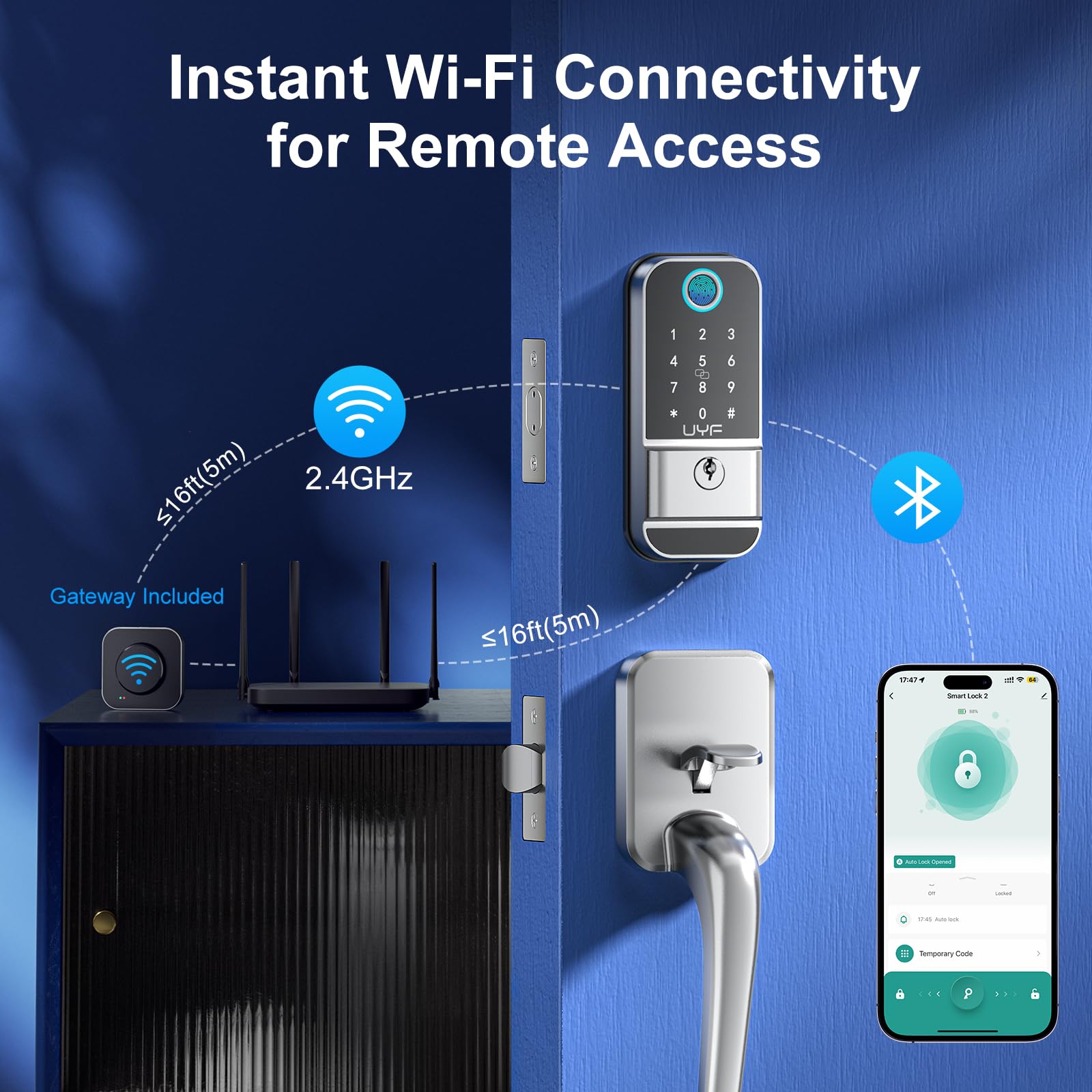 Uyf Wifi Smart Deadbolt Door Lock Set: Keyless Entry, Smart Front Door Lock With Handle, Electronic Keypad, Bluetooth Voice Control, Aluminum Alloy, Ideal For Home Security And Convenience