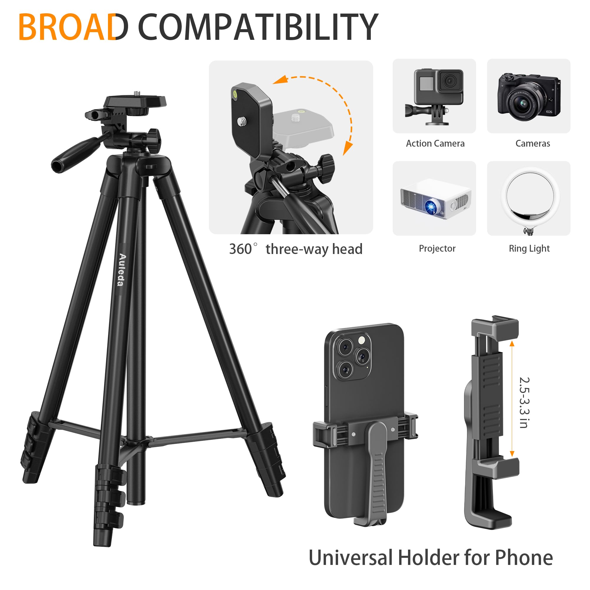 Auleda 60″ Camera Tripod Lightweight Travel Tripod Stand Compatible With Canon Nikon Dslr Cameras With Wireless Remote Phone Holder And Bag Max Load 6.6 Lb Black