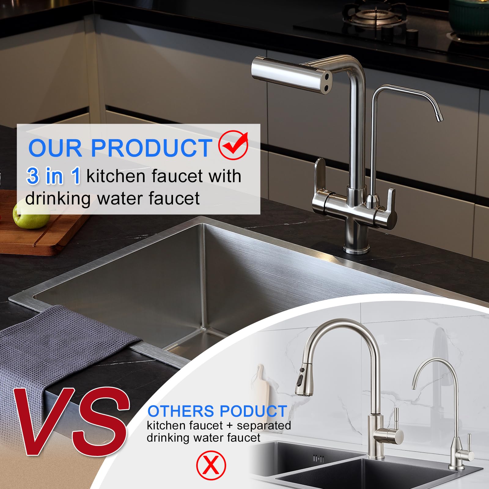 Tsibomu 3 Way Kitchen Faucet, Pull Out Kitchen Faucet With 3-Function Sprayer, Dual Handles Kitchen Sink Faucet With Water Filter Purifier Spout, Brushed Nickel