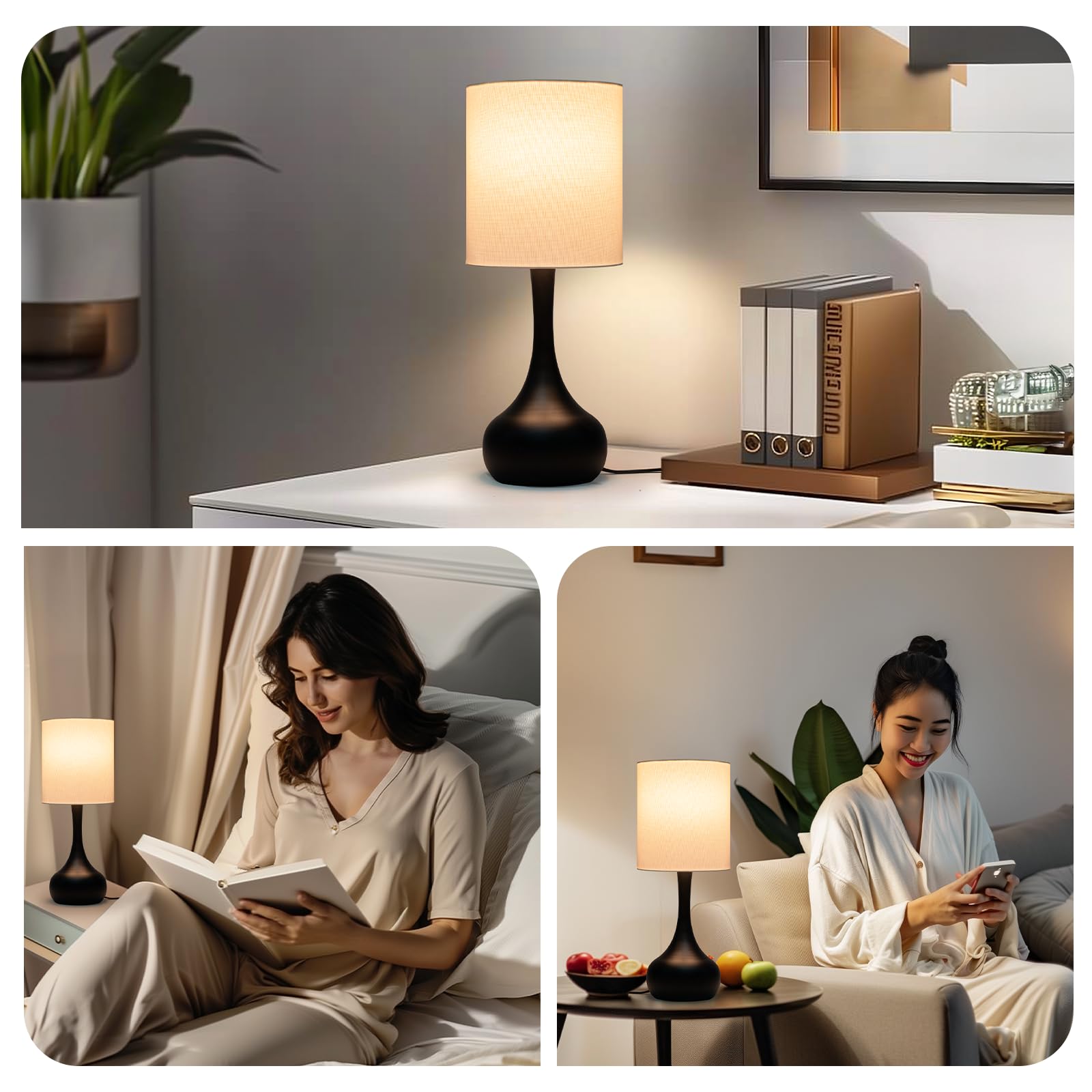 Qingjiamen Touch Lamps For Nightstand, Gold Bedside Lamp Touch Control For Bedroom With Linen Shade, Mid Century Modern 13 Inch Small Table Lamp (Black Round - 1Pack)