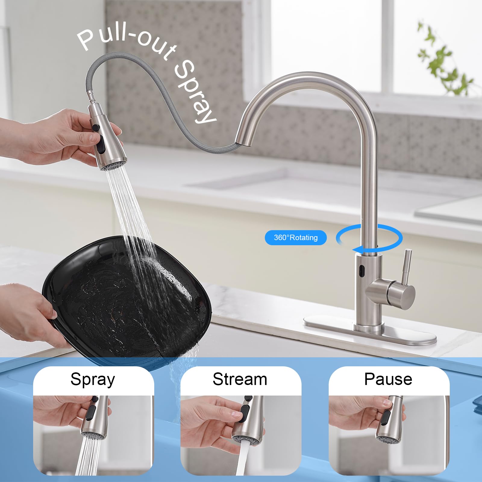 Bwe Touchless Kitchen Faucet With Pull Down Sprayer,Single Handle Motion Sensor Kitchen Sink Faucet,High Arc Smart Commercial Faucet For Kitchen Sink Hands-,Brushed Nickel