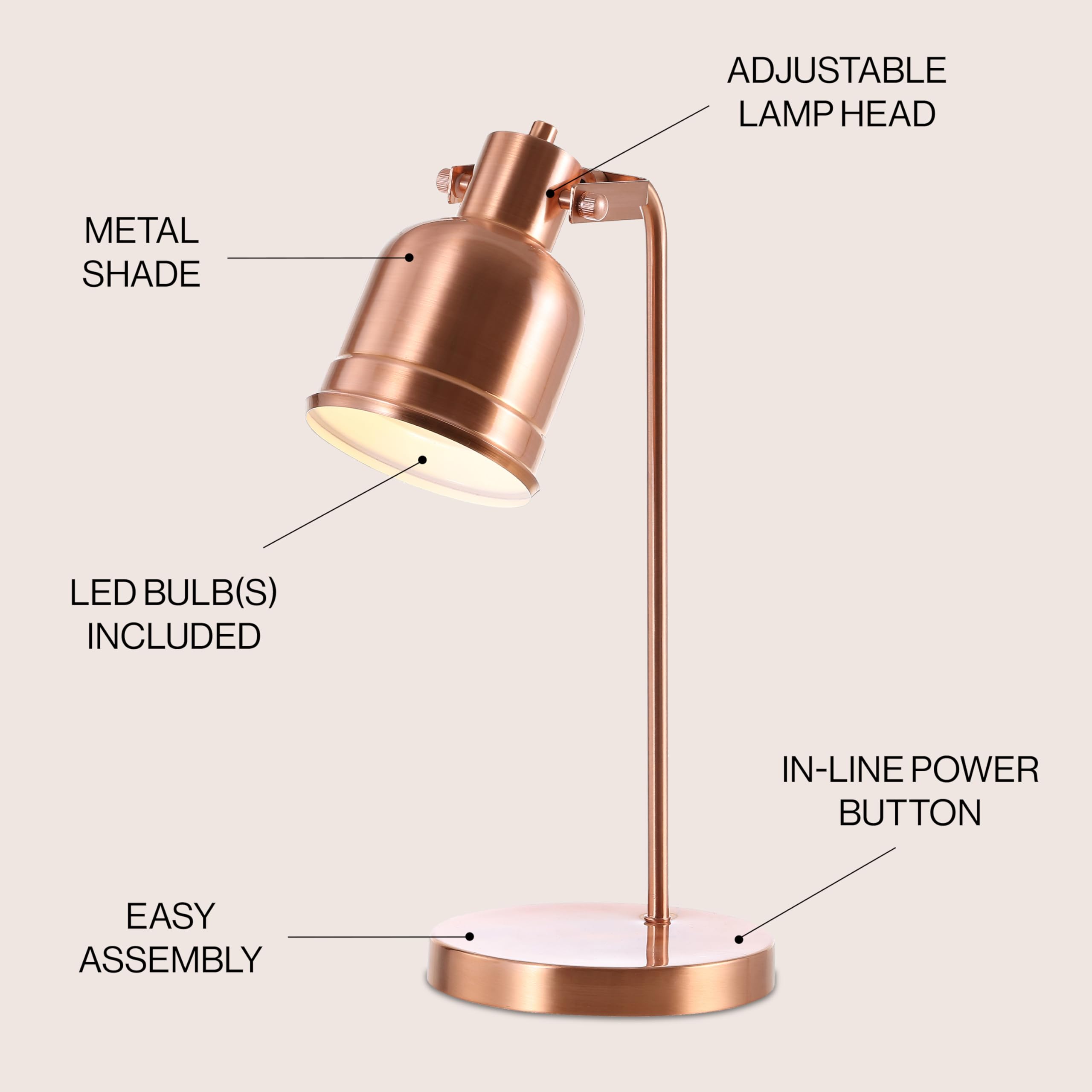 Jonathan Y Jyl6112A Edgar 18" Metal Led Task Lamp, Contemporary, Modern, Office, Living Room, Family Room, Dining Room, Bedroom, Guest Room, College Dorm, Hallway, Foyer, Copper