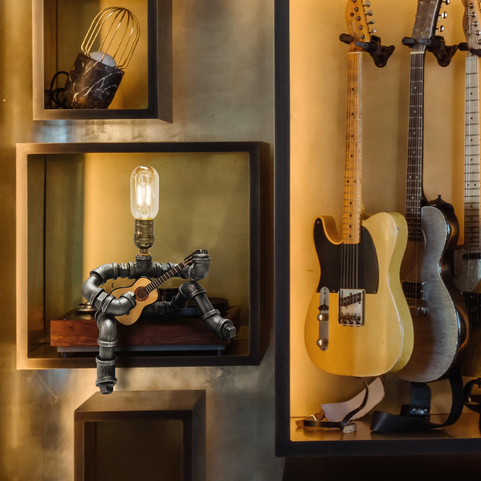 Jeosrv Music Guitar Table Lamp Art Decor Guitar Stuff Cool For Music Art Lovers Microphone Players For Men Steampunk Pipe Man Edison Bulb Lamps Retro Guitars Metal Pipe Industrial Robot Lights