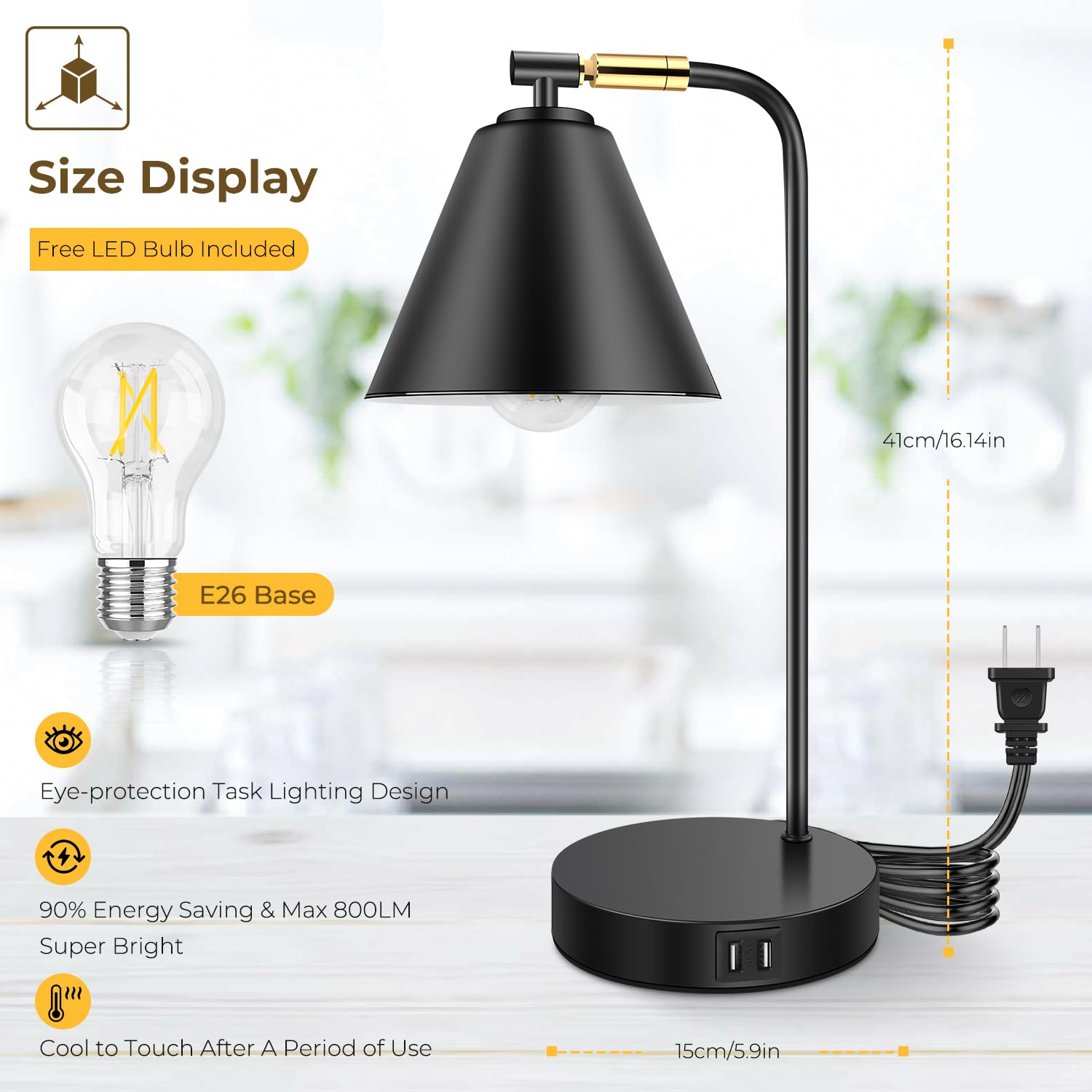 Brightever Industrial Dimmable Desk Lamp With 2 Usb Charging Ports Ac Outlet, Touch Control Bedside Nightstand Reading Lamp Flexible Head, Black Metal Table Lamp For Bedroom Office Living Room, Bulb Included