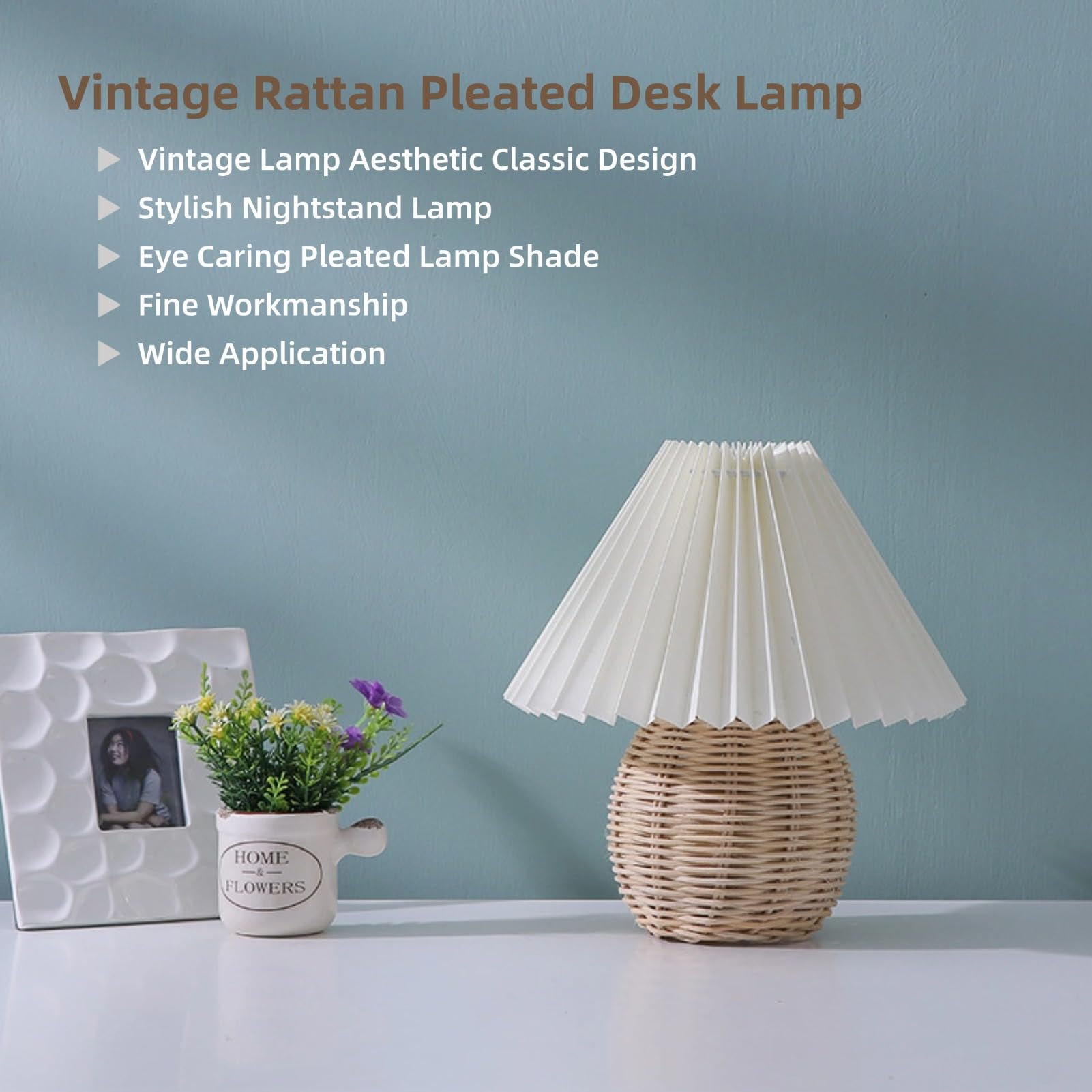 Eimsoah Rattan Wicker Pleated Table Lamp,Modern Bedside Nightstand Lamp,Small Table Lamp For Bedroom Living Room,Side Table Rattan Pleated Aesthetic Vintage Lamp, Bulb Not Included