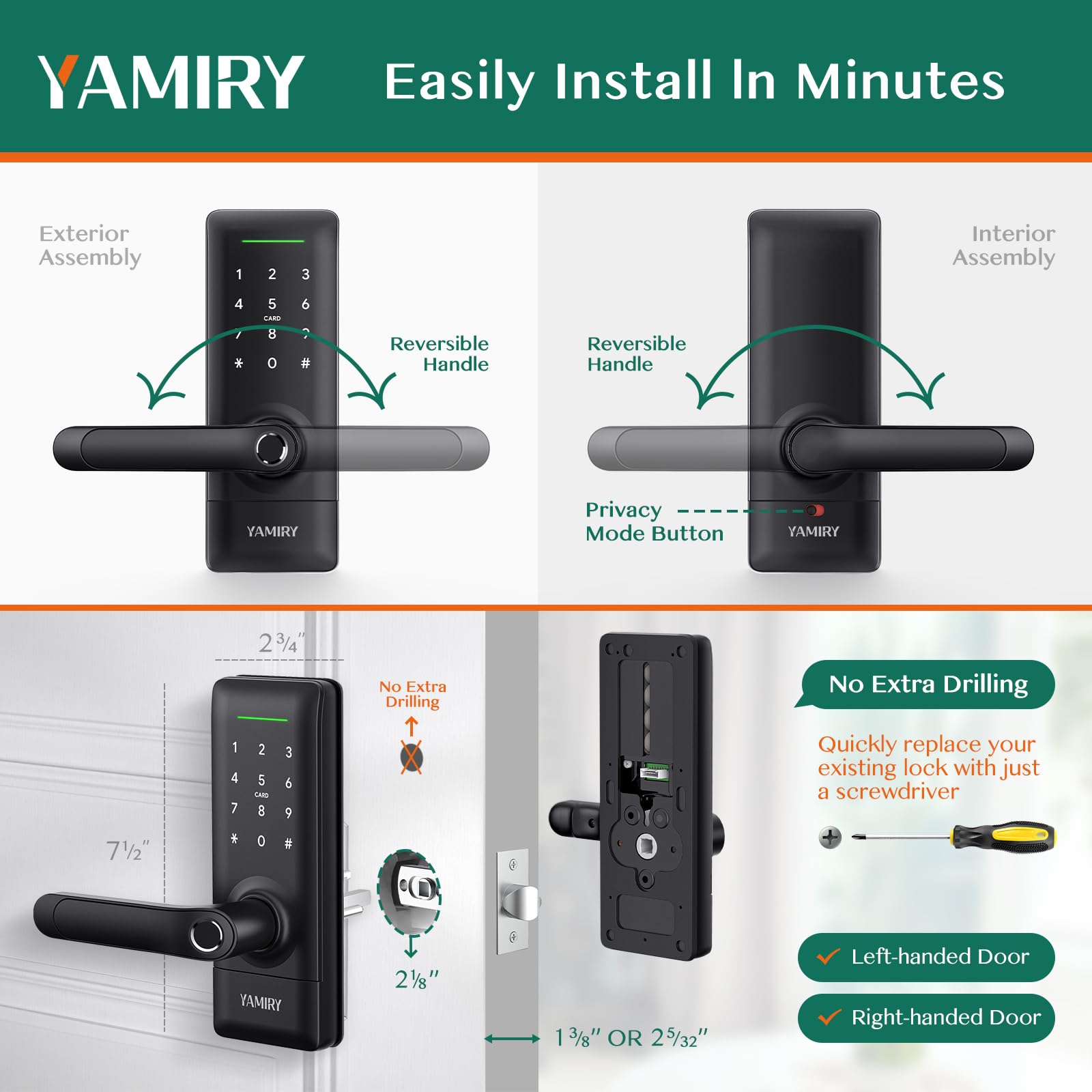 Yamiry Smart Door Lock, Biometric Fingerprint, Keyless Entry, App Control, 6 Ways To Unlock, Diy Installation, Black