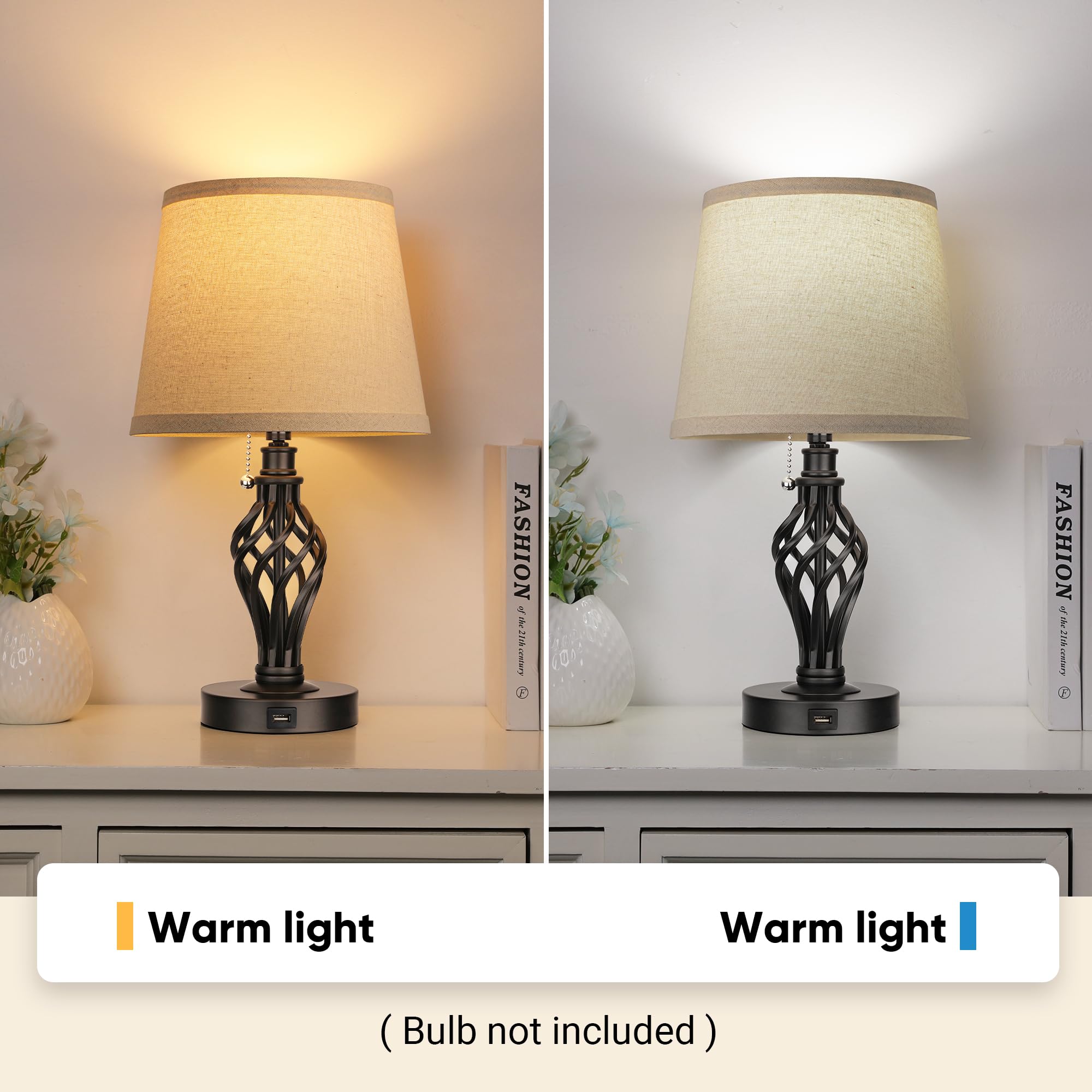 Partphoner Table Lamps Set Of 2, Farmhouse Bedside Lamps With Usb Ports, Nightstand Lamp Cream Drum Shade Spiral Cage Base Desk Lamps For Living Room Bedroom Study Room Without Bulb