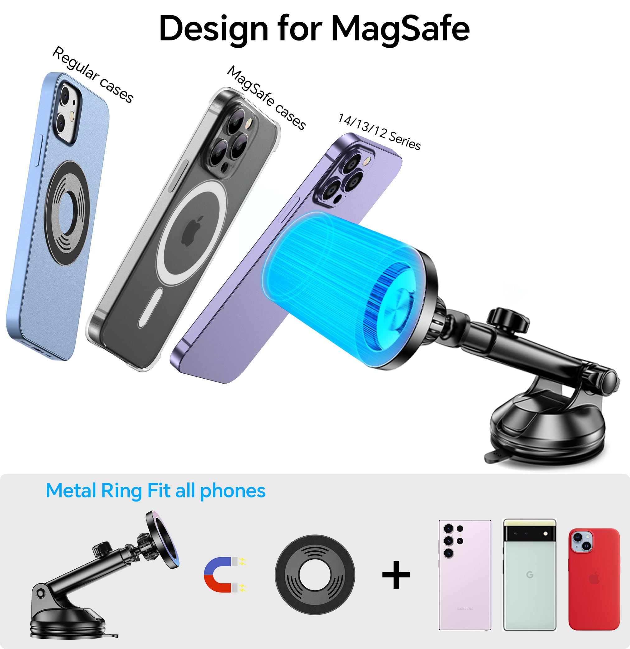 Romuto For Magsafe Car Mount【Strongest Magnet】 Magnetic Phone Holders For Your Car Dashboard Wind Vent Cell Phone Holder【360° Rotation】 Suction Car Mount For Iphone 16 15 14 13 12 Grey