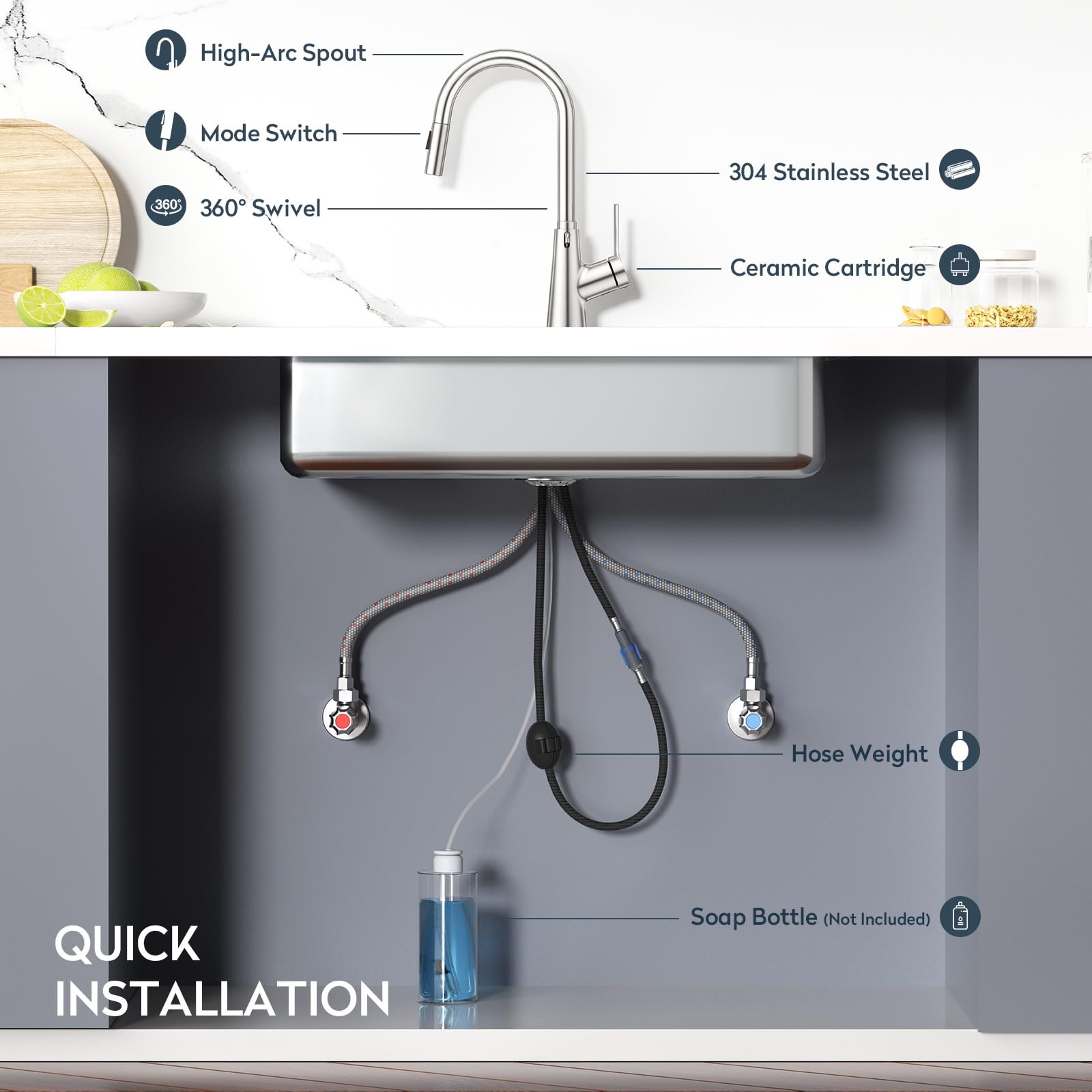Aktines Kitchen Faucet With Built-In Soap Dispenser And Pull Down Sprayer, High Arc Stainless Steel Faucet For Kitchen, Wet Bar, Laundry, Outdoor, Or Rv Sinks, Brushed Stainless