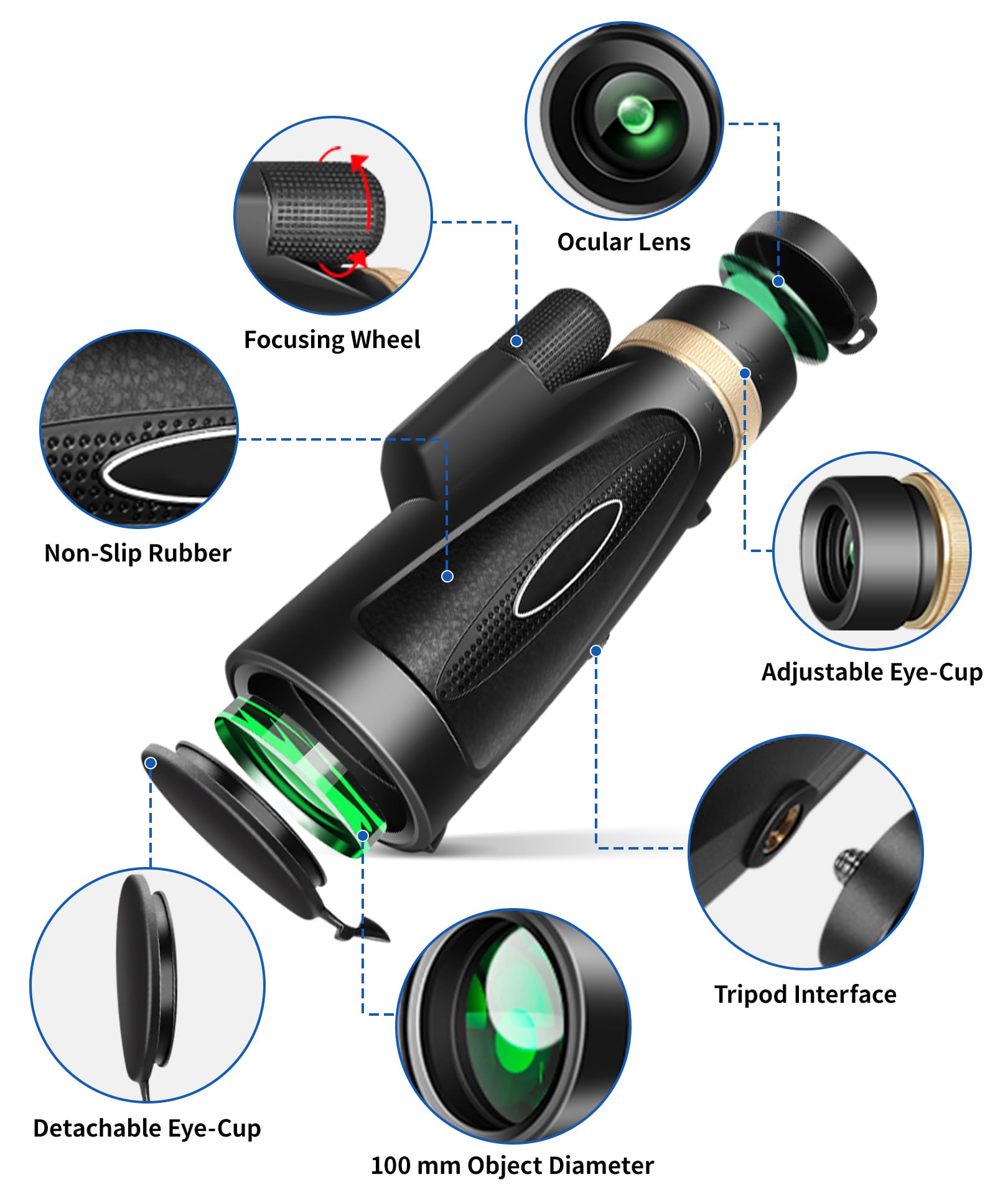 Md.Life Monocular Telescope 80X100 High Power With Smartphone Adapter Tripod,Larger Vision Monoculars For Adults With Bak4 Prism & Fmc Lens, Suitable For Bird Watching Hunting Hiking Camping Wildlife-Black