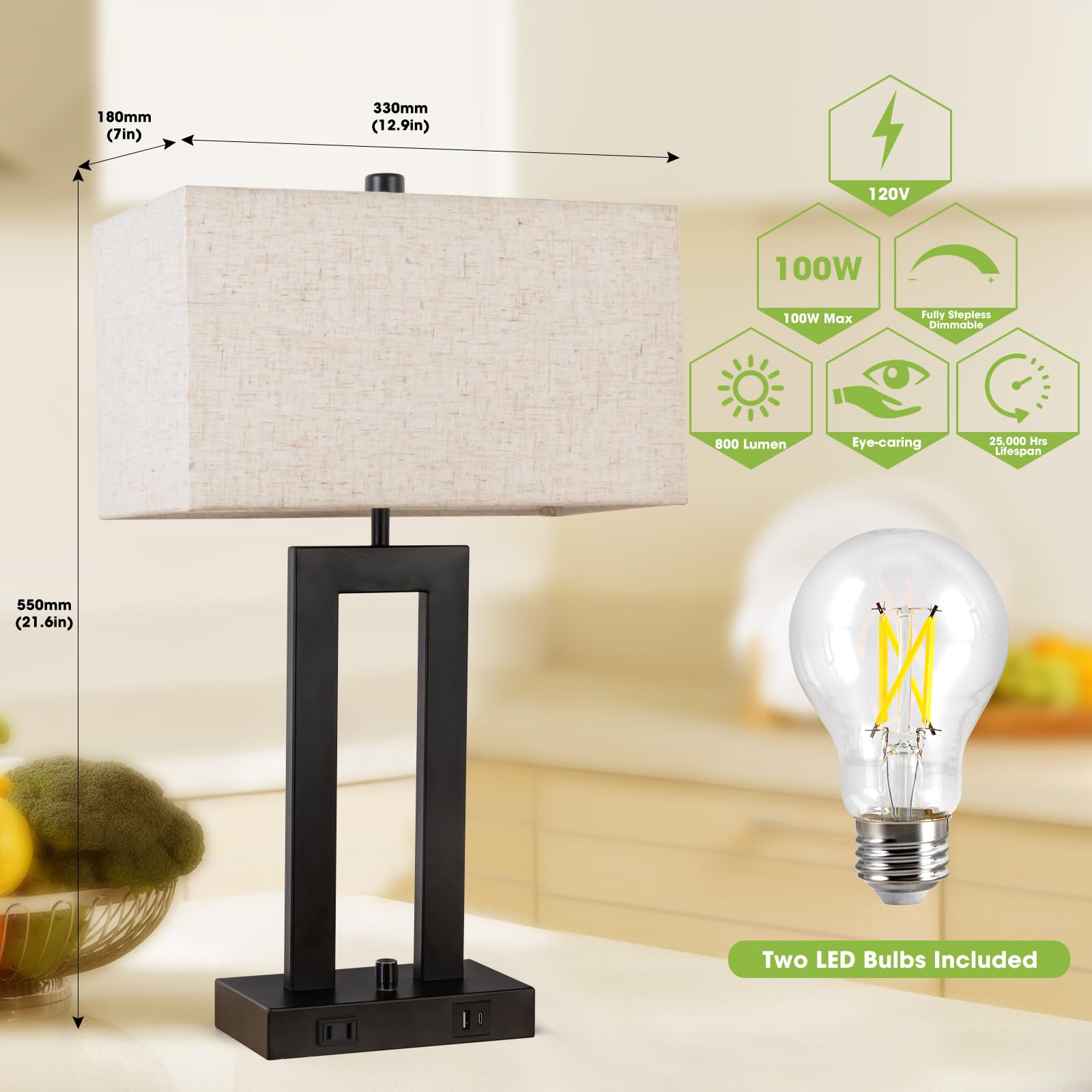 Vikdio Modern Table Lamps Set Of 2-22" Tall Bedside Lamps With Usb-C/Usb-A Charge Ports & Outlet, Stepless Dimmable Fabric Cream Shade Nightstand Lamps For Bedroom & Living Room