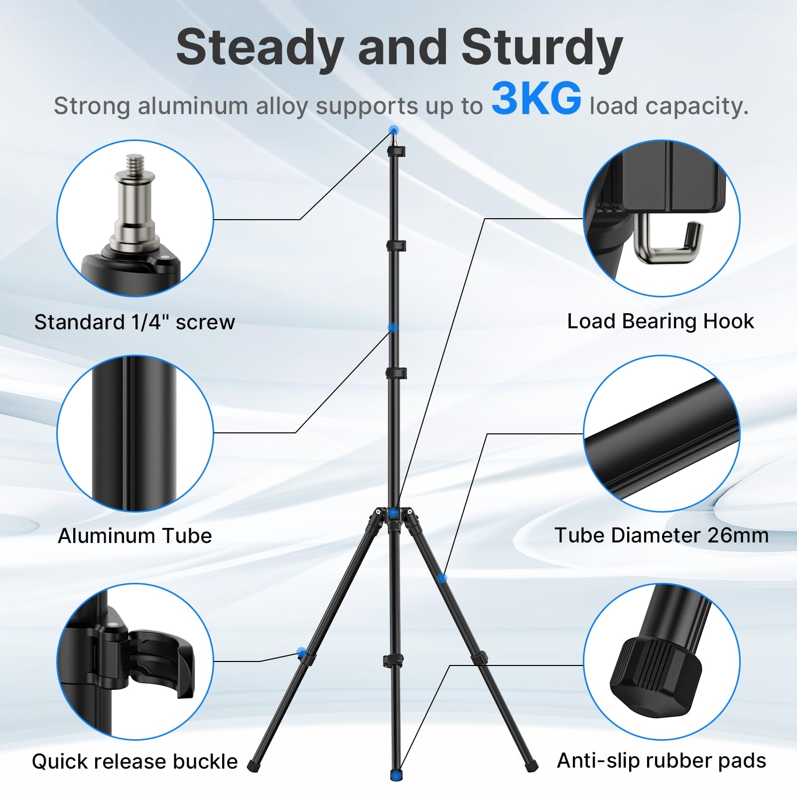 Vijim Ulanzi Tt43 Extendable Photography Light Stand, Adjustable 6.23Ft Aluminum Tripod, Reversible Portable Studio Lighting Tripod For Continute Output Lighting/Strobe Light/Webcams/Cameras/Softbox