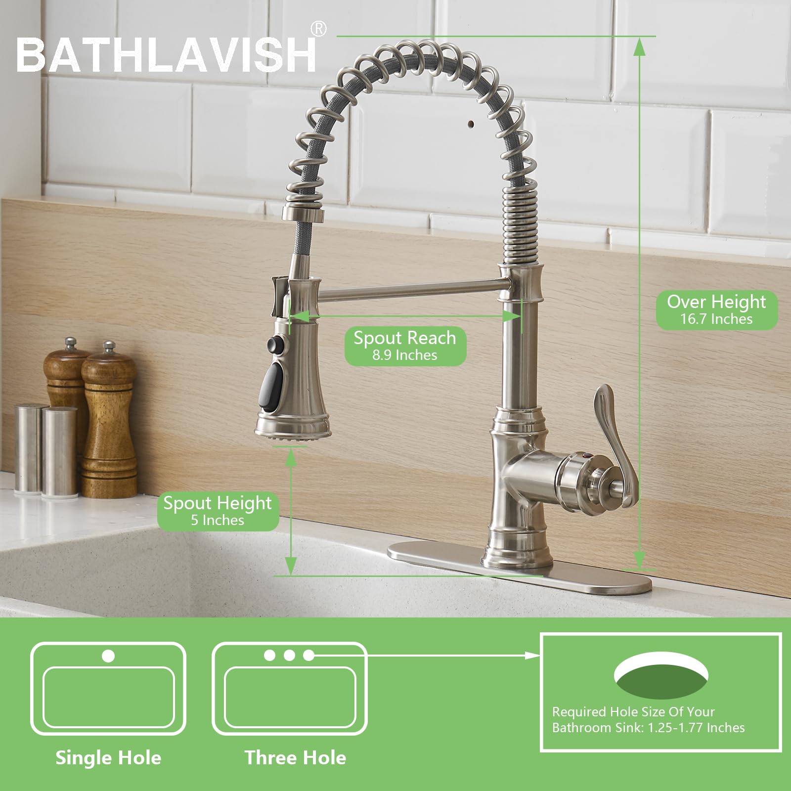 Bathlavish Pull Down Kitchen Faucet With Sprayer Brushed Nickel Bar Sink Farmhouse Single Handle 3-Mode Outlet Solid Brass Brush Pull Out Mixer Tap Commercial With 10-Inch Hole Cover Plate