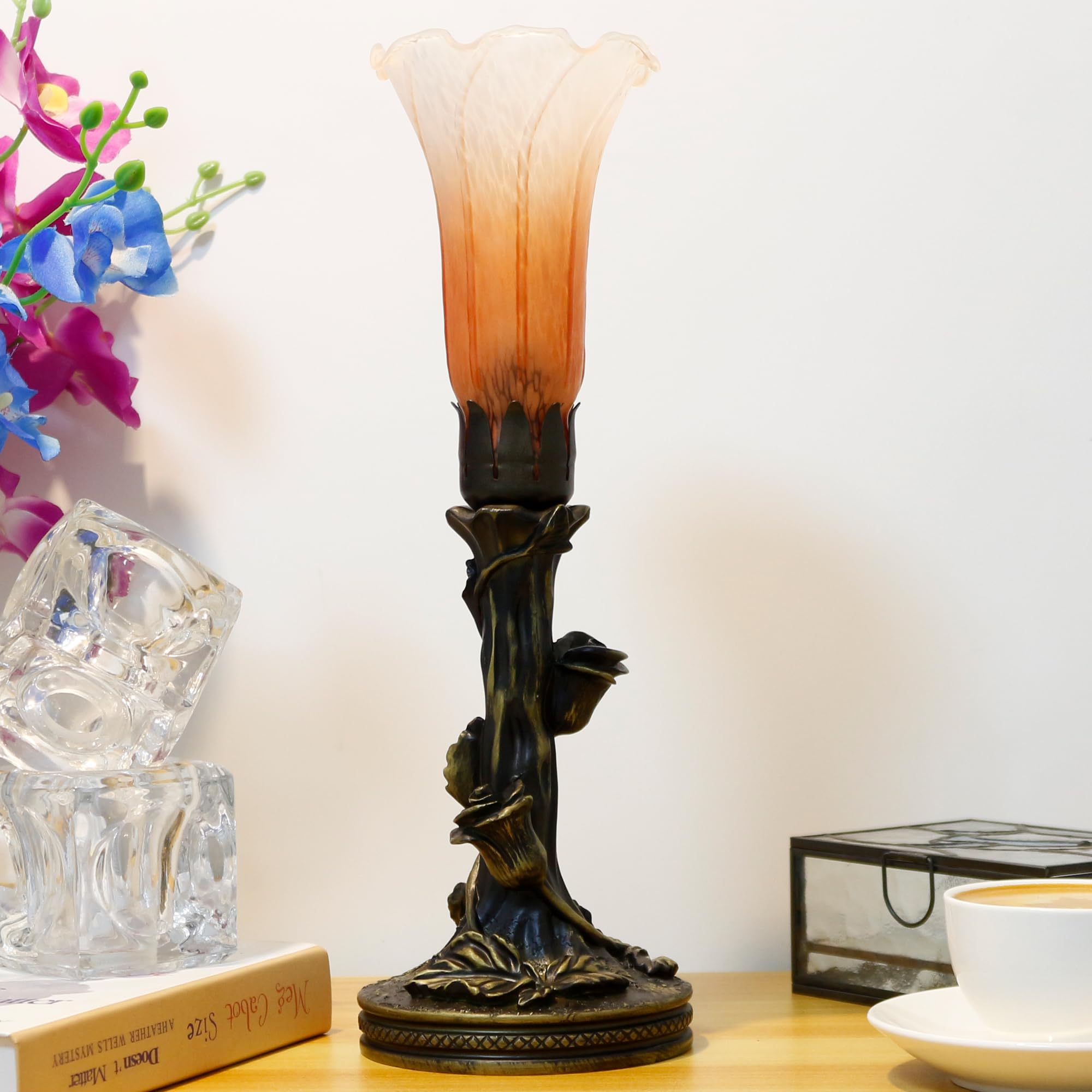 Anyonglu Lily Lamp Tiffany Style Torchiere Table Lamp 13.5 Inch Tall Tulip Flower Accent Desk Lamp With Bronzed Resin Base (1-Light/Orange)