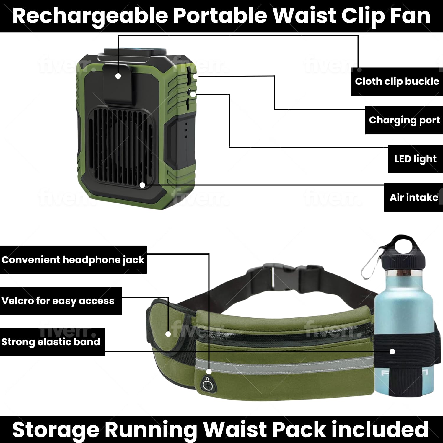 Waist wearable fan small battery powered personal fan for travel and outdoor from Koospark