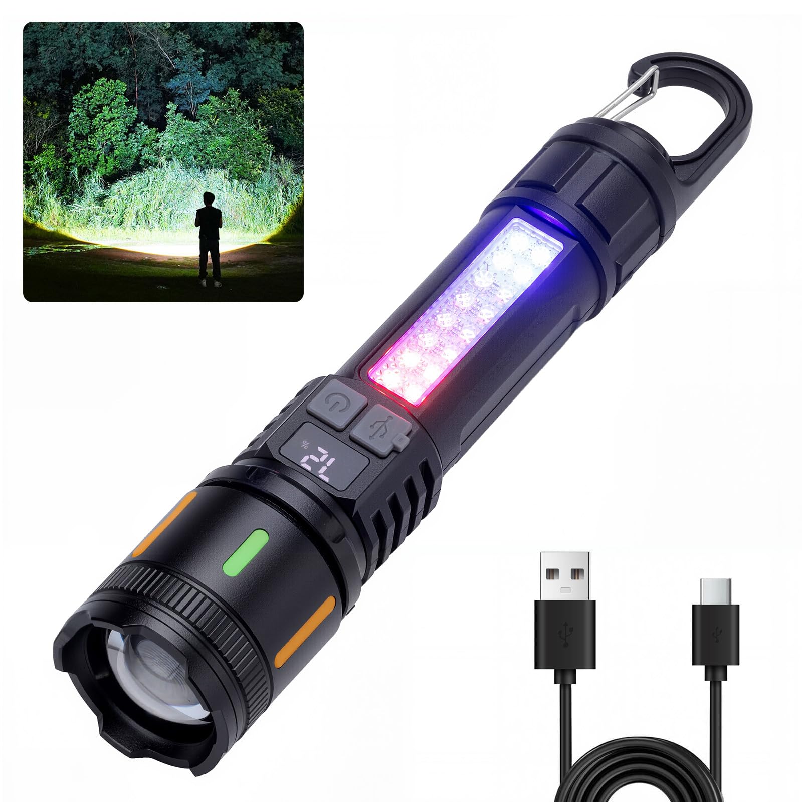 Sogidon Rechargeable Flashlights High Lumens With Hook, 990,000 Lumens Super Bright Led Handheld Flash Light Battery Powered With 5 Light Modes, Side Light, Usb Charging, Power Display, Zoomable Beam