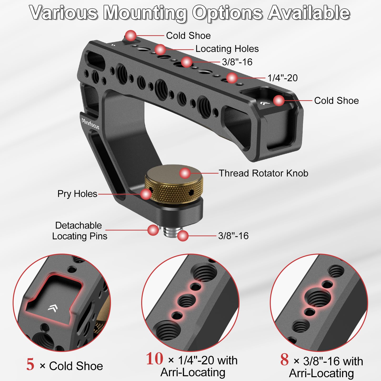Minifocus Top Handle With 3/8"-16 Locating Pins, Universal Camera Handgrip With 5 Cold Shoe Mount For Microphone, Led Light, Monitor, 1/4", 3/8" Threaded Holes With Locating Pins For Arri Grip