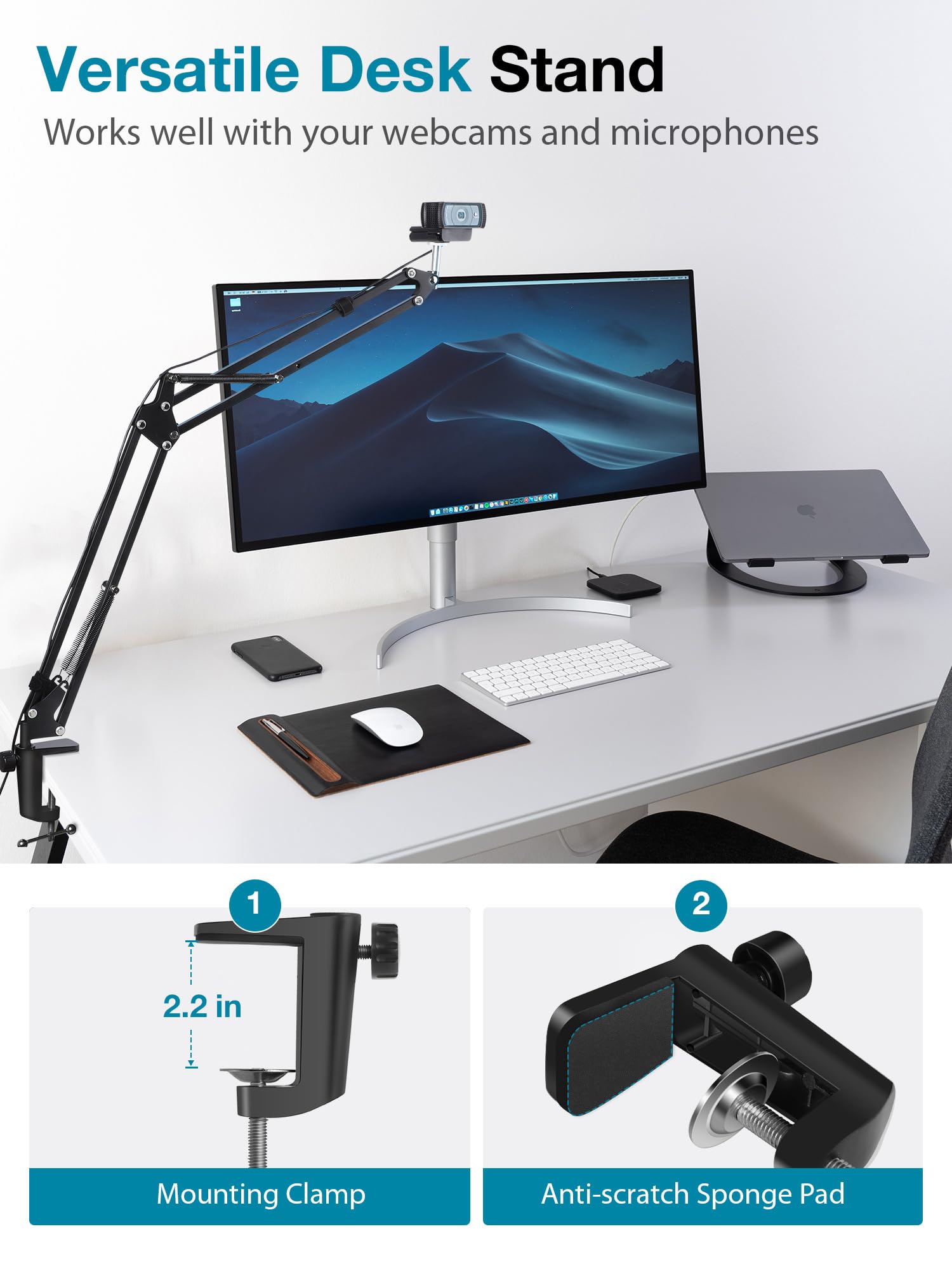 Innogear Webcam Stand, Boom Arm Mount Stand For Logitech Webcam Brio 4K C920 C920S C922 C922X C925E C930 Nexigo N60, 1/4"-3/8" And 3/8"-5/8" Screw For Blue Yeti Snowball Yeti Nano And Other Mics