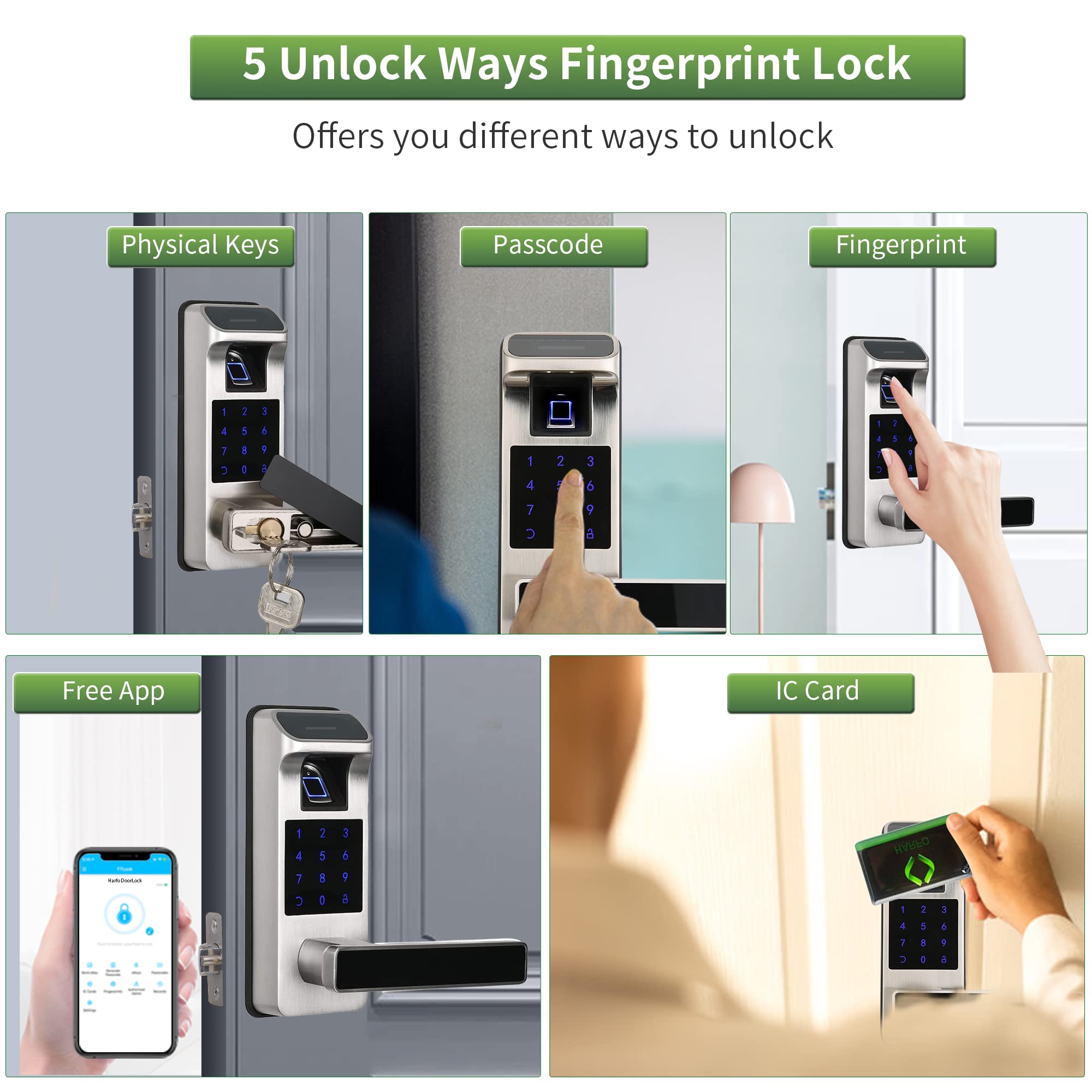 Harfo Smart Door Lock, Heavy Duty 5 In 1 Keyless Entry Door Lock, Full App Control Digital Keypad Lock, Reversible Handle With Fingerprints And Passcodes For Family/Office/Apartment (Satin Nickel)